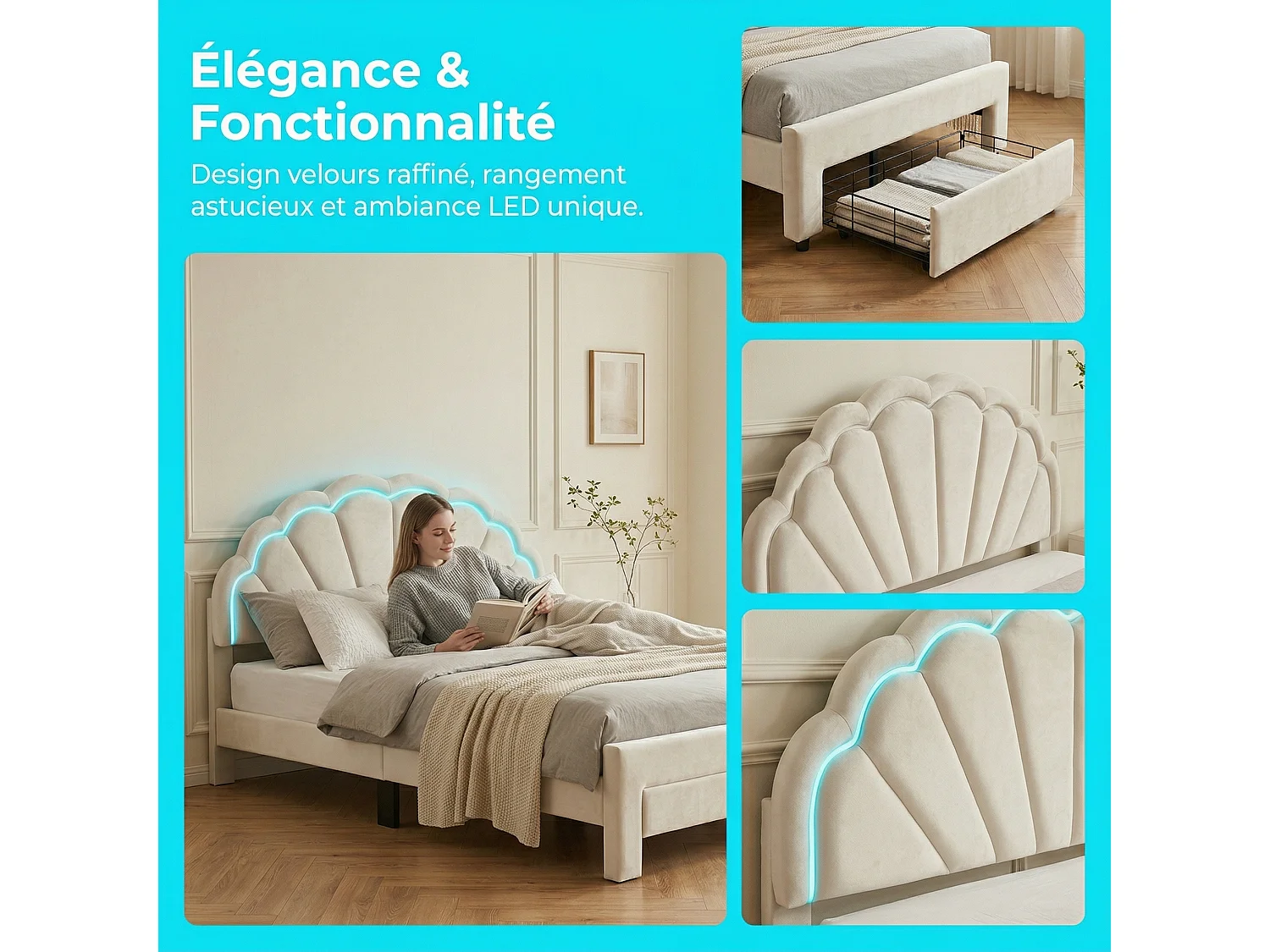 Lit coquillage 140x200 cm en velours beige - Lit enfant princesse rembourré avec tiroir de rangement, sommier à lattes et éclairage LED réglable intégré
