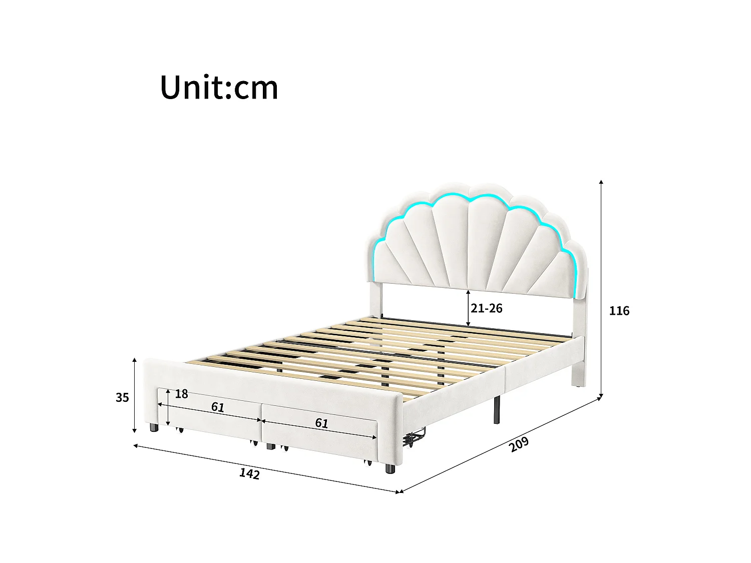 Lit coquillage 140x200 cm en velours beige - Lit enfant princesse rembourré avec tiroir de rangement, sommier à lattes et éclairage LED réglable intégré