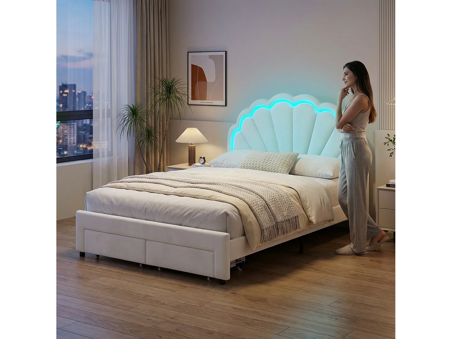 Lit coquillage 140x200 cm en velours beige - Lit enfant princesse rembourré avec tiroir de rangement, sommier à lattes et éclairage LED réglable intégré