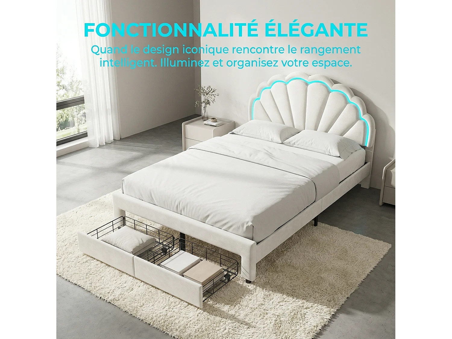 Lit coquillage 140x200 cm en velours beige - Lit enfant princesse rembourré avec tiroir de rangement, sommier à lattes et éclairage LED réglable intégré