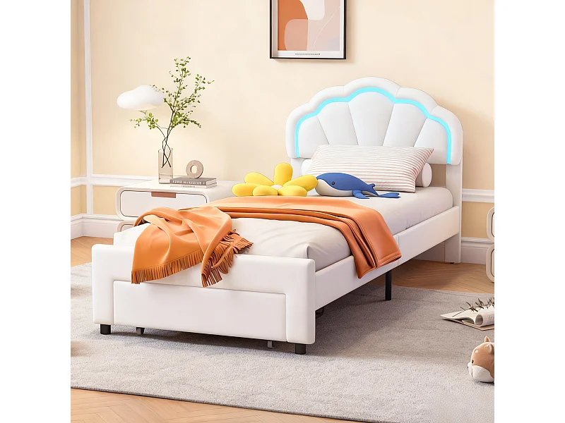 Lit 90x200 cm  avec sommier à lattes - lit  enfant 90x200 cm avec Led - tissu en velours - cadre de lit tiroir 90x200 cm - blanc