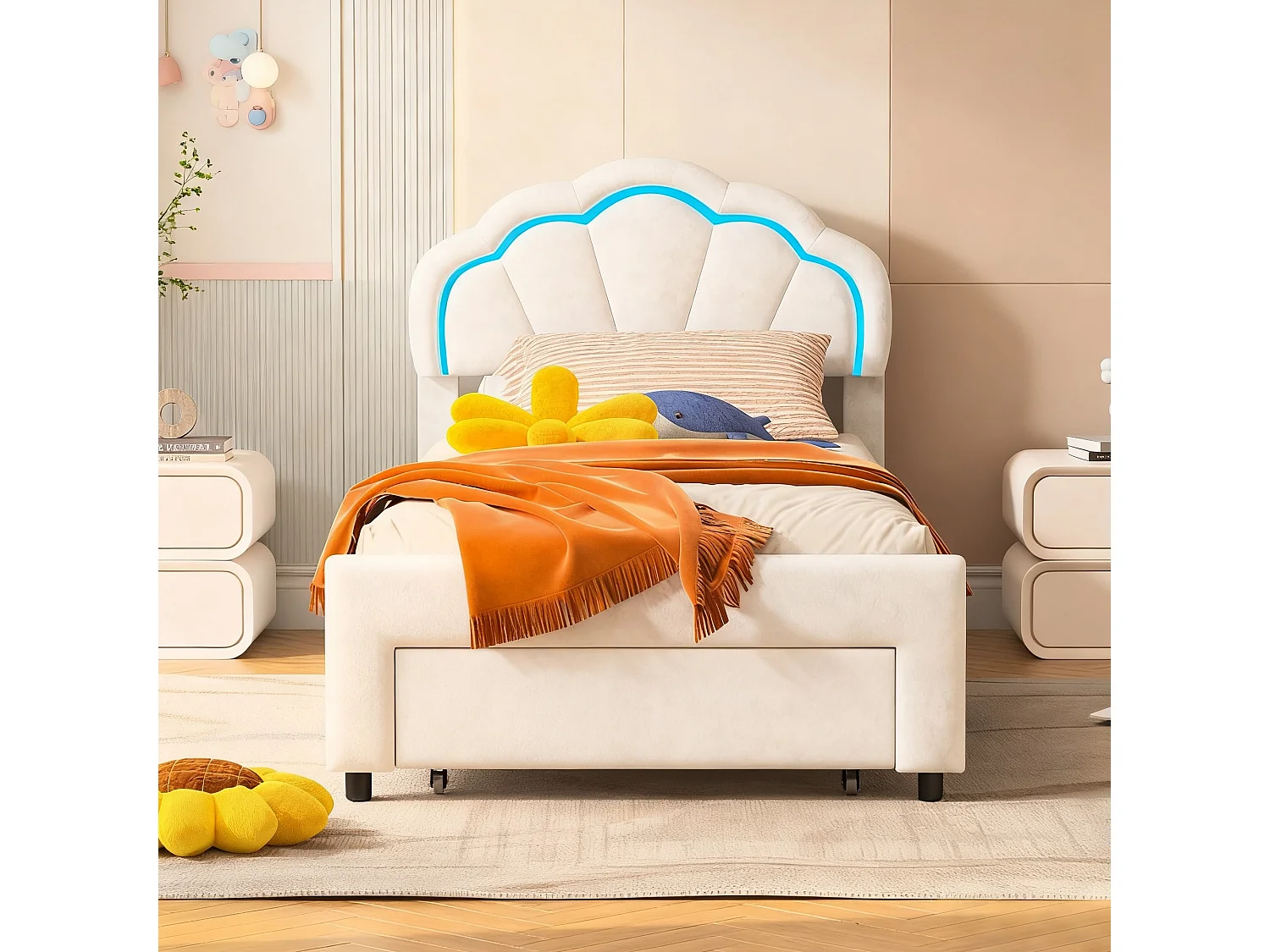 Lit 90x200 cm  avec sommier à lattes - lit  enfant 90x200 cm avec Led - tissu en velours - cadre de lit tiroir 90x200 cm - blanc