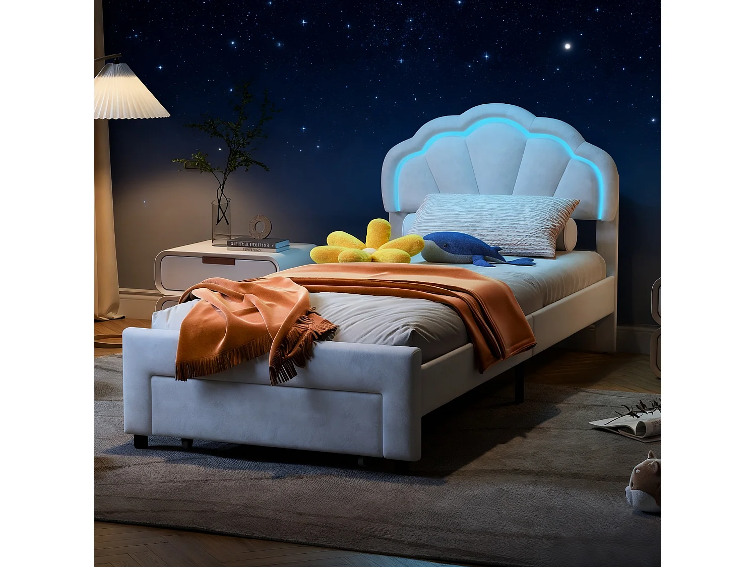 Lit coquillage 90 x 200 cm avec tiroir et LED, lit princesse rembourré 90x200 sommier à lattes, lit enfant velours, beige