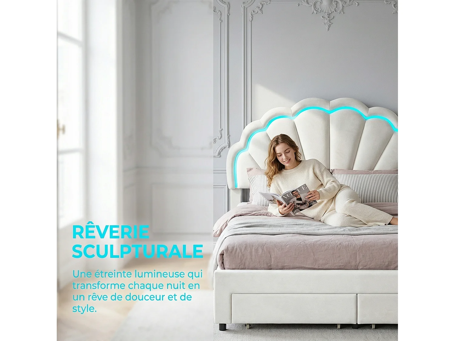 Lit coquillage 90x200 cm en velours beige - Lit enfant princesse rembourré avec tiroir de rangement, sommier à lattes et éclairage LED intégré