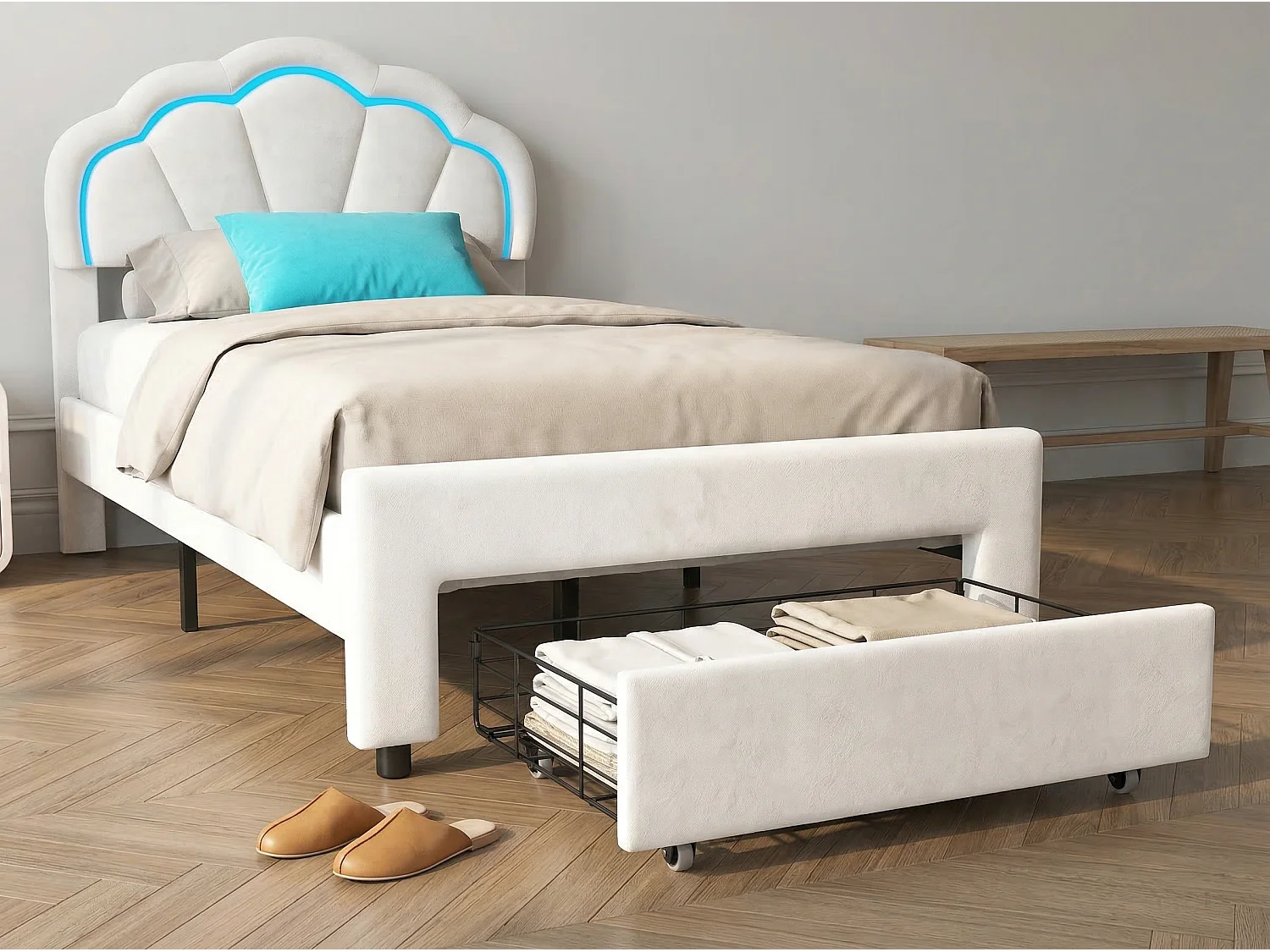 Lit coquillage lit enfant 90x200 cm avec LEDs, Velours, Sommier inclus, coloris Beige