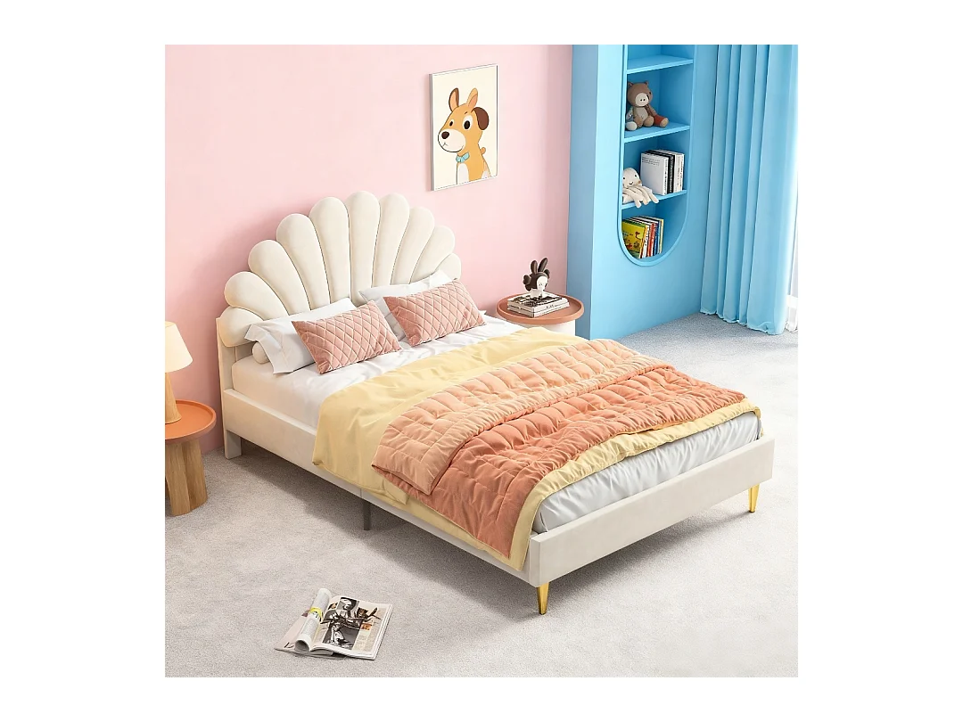 Lit 140x200 cm - lit enfant 140x200 cm - lit 1 place 140 x200 cm - lit pétale 140x200 cm - lit rembourré 140 x 200 cm -lit 140x200 cm tissu en velours - beige