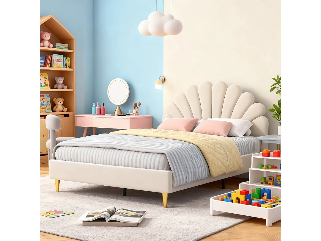 Lit 140x200 cm - lit enfant 140x200 cm - lit 1 place 140 x200 cm - lit pétale 140x200 cm - lit rembourré 140 x 200 cm -lit 140x200 cm tissu en velours - beige