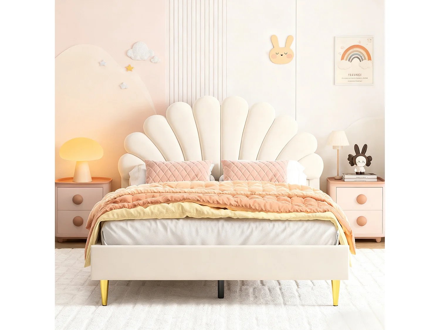 Lit 140x200 cm - lit enfant 140x200 cm - lit 1 place 140 x200 cm - lit pétale 140x200 cm - lit rembourré 140 x 200 cm -lit 140x200 cm tissu en velours - beige