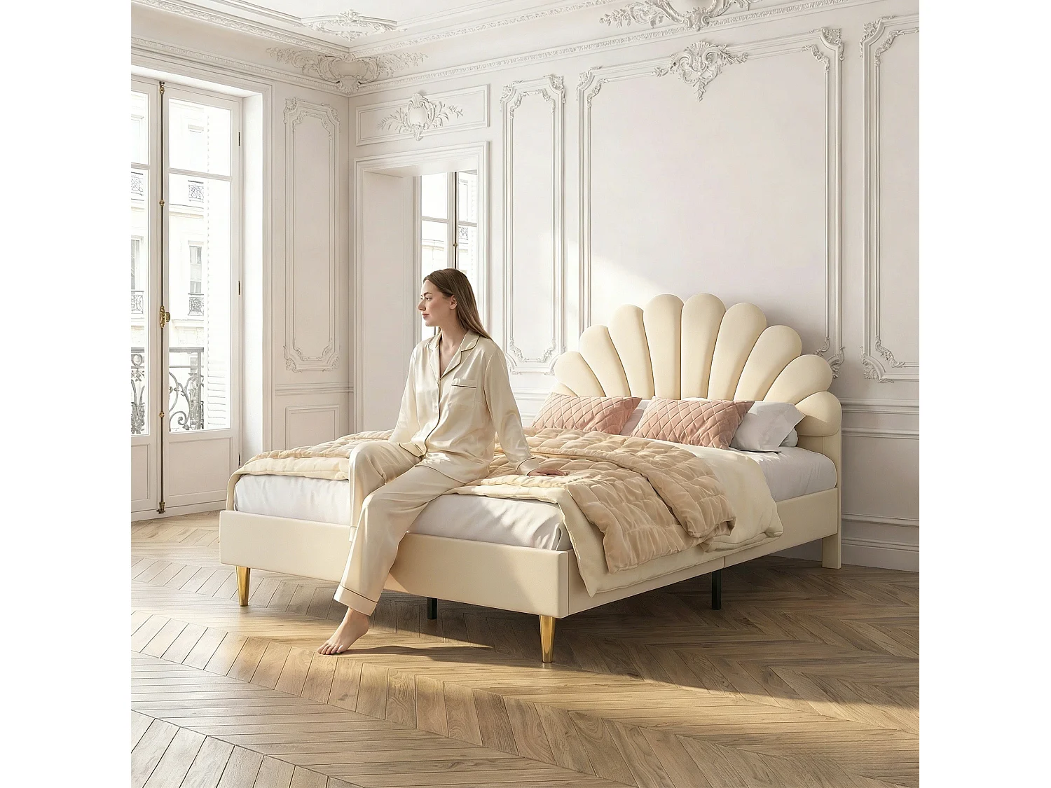 Kinderbed 140x200 cm - eenpersoonsbed 140x200 cm - bloemblaadjesbed 140x200 cm - gestoffeerd bed 140 x 200 cm - fluwelen stof - beige
