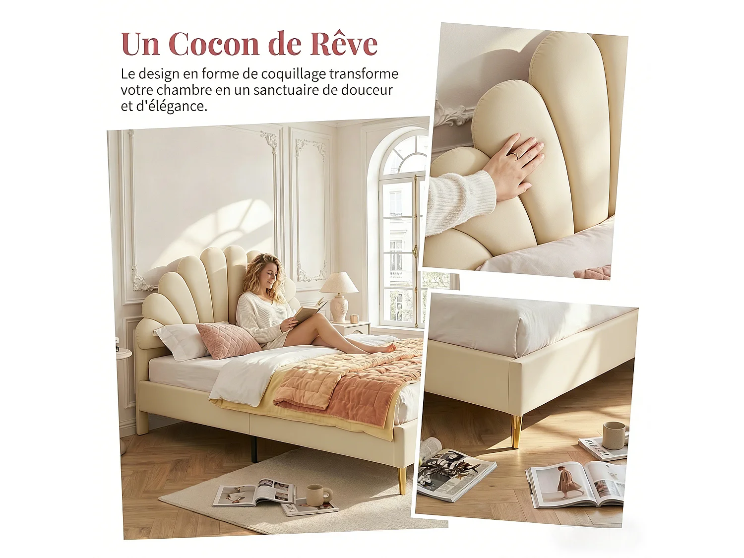 Kinderbed 140x200 cm - eenpersoonsbed 140x200 cm - bloemblaadjesbed 140x200 cm - gestoffeerd bed 140 x 200 cm - fluwelen stof - beige