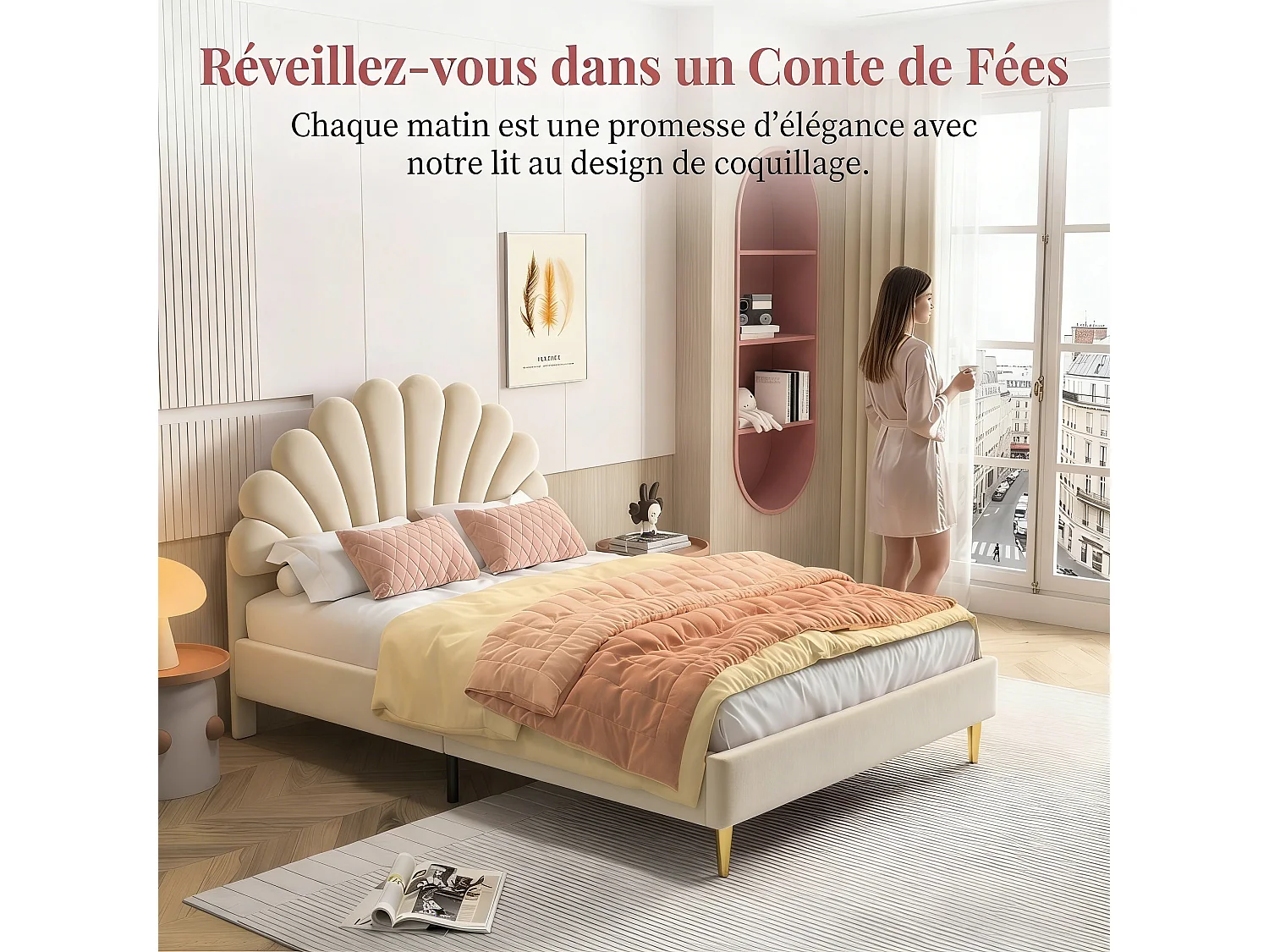 Kinderbed 140x200 cm - eenpersoonsbed 140x200 cm - bloemblaadjesbed 140x200 cm - gestoffeerd bed 140 x 200 cm - fluwelen stof - beige
