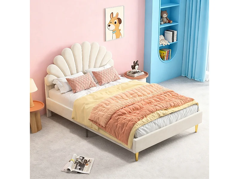 Lit 140x200 cm - lit enfant 140x200 cm - lit 1 place 140 x200 cm - lit pétale 140x200 cm - lit rembourré 140 x 200 cm -lit 140x200 cm tissu en velours - beige