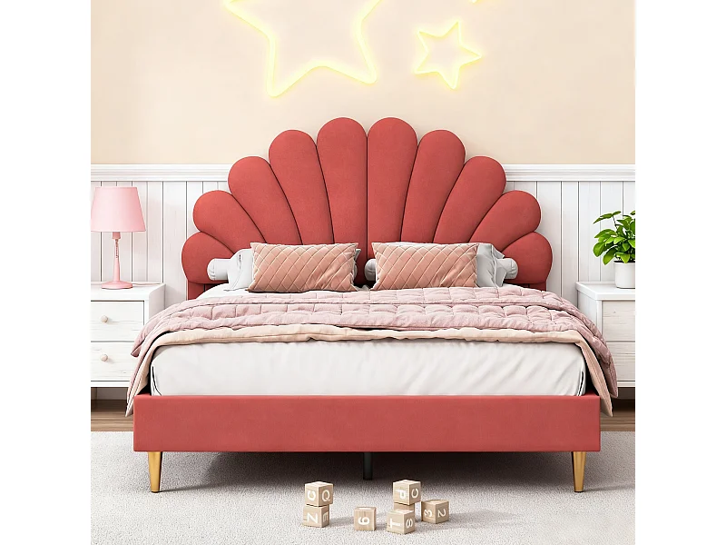 Lit 140x200 cm avec sommier à lattes - lit enfant 140x200 cm - lit pétale 140x200 cm - lit double 140 x 200 cm - tissu en velours - rouge