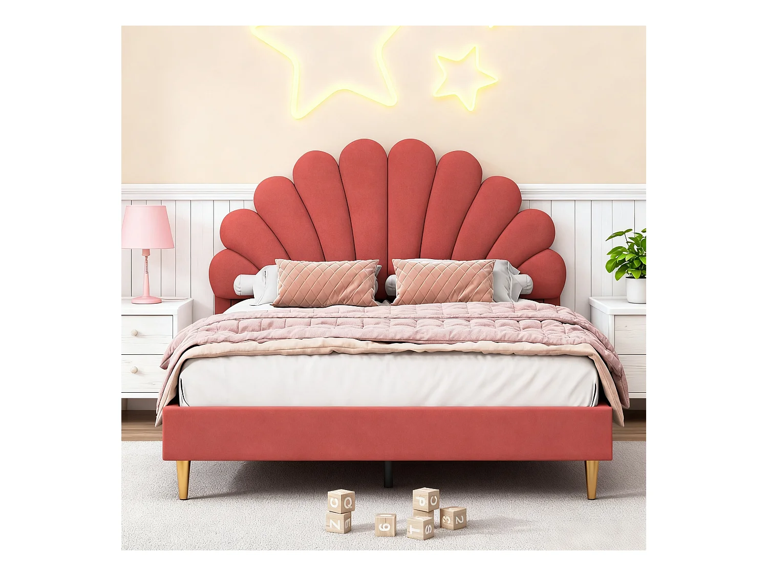 Lit 140x200 cm avec sommier à lattes - lit enfant 140x200 cm - lit pétale 140x200 cm - lit double 140 x 200 cm - tissu en velours - rouge