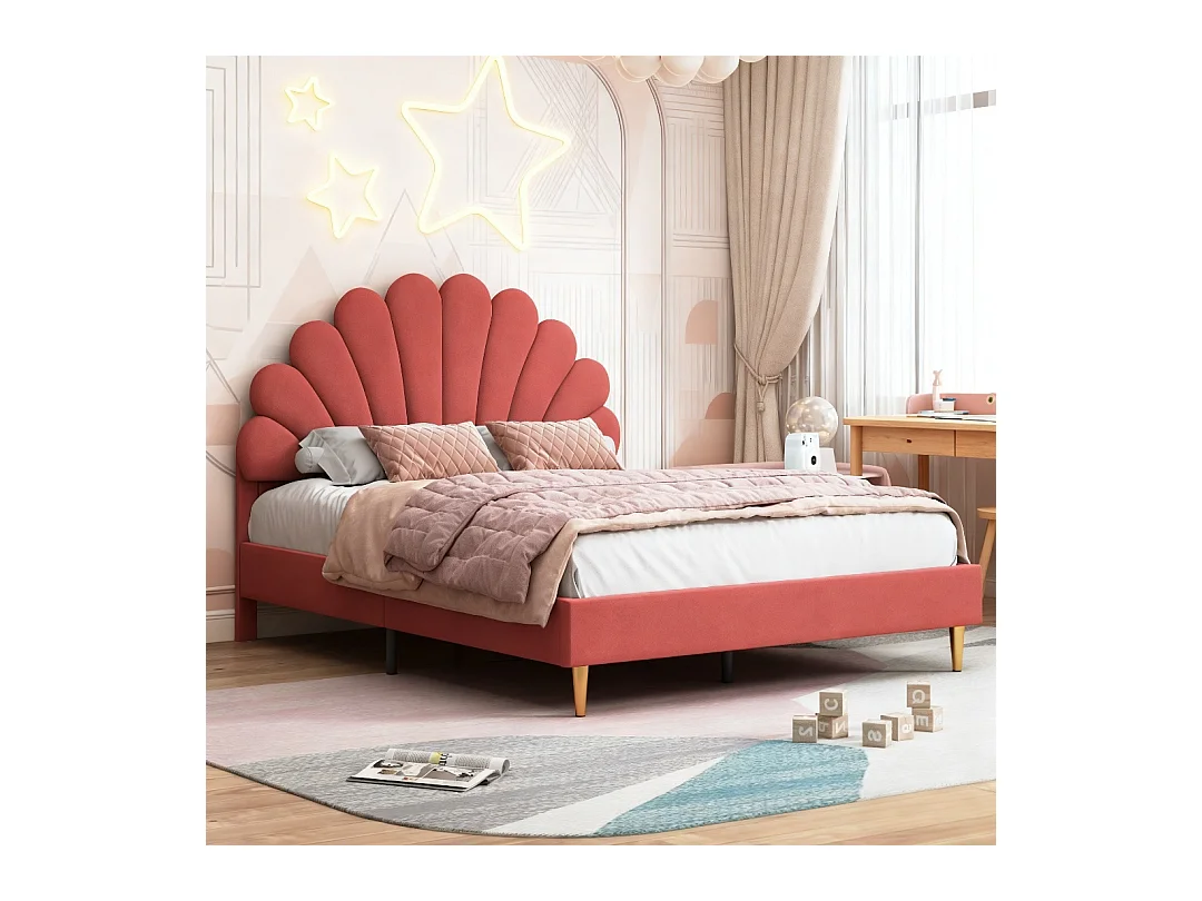 Lit 140x200 cm avec sommier à lattes - lit enfant 140x200 cm - lit pétale 140x200 cm - lit double 140 x 200 cm - tissu en velours - rouge