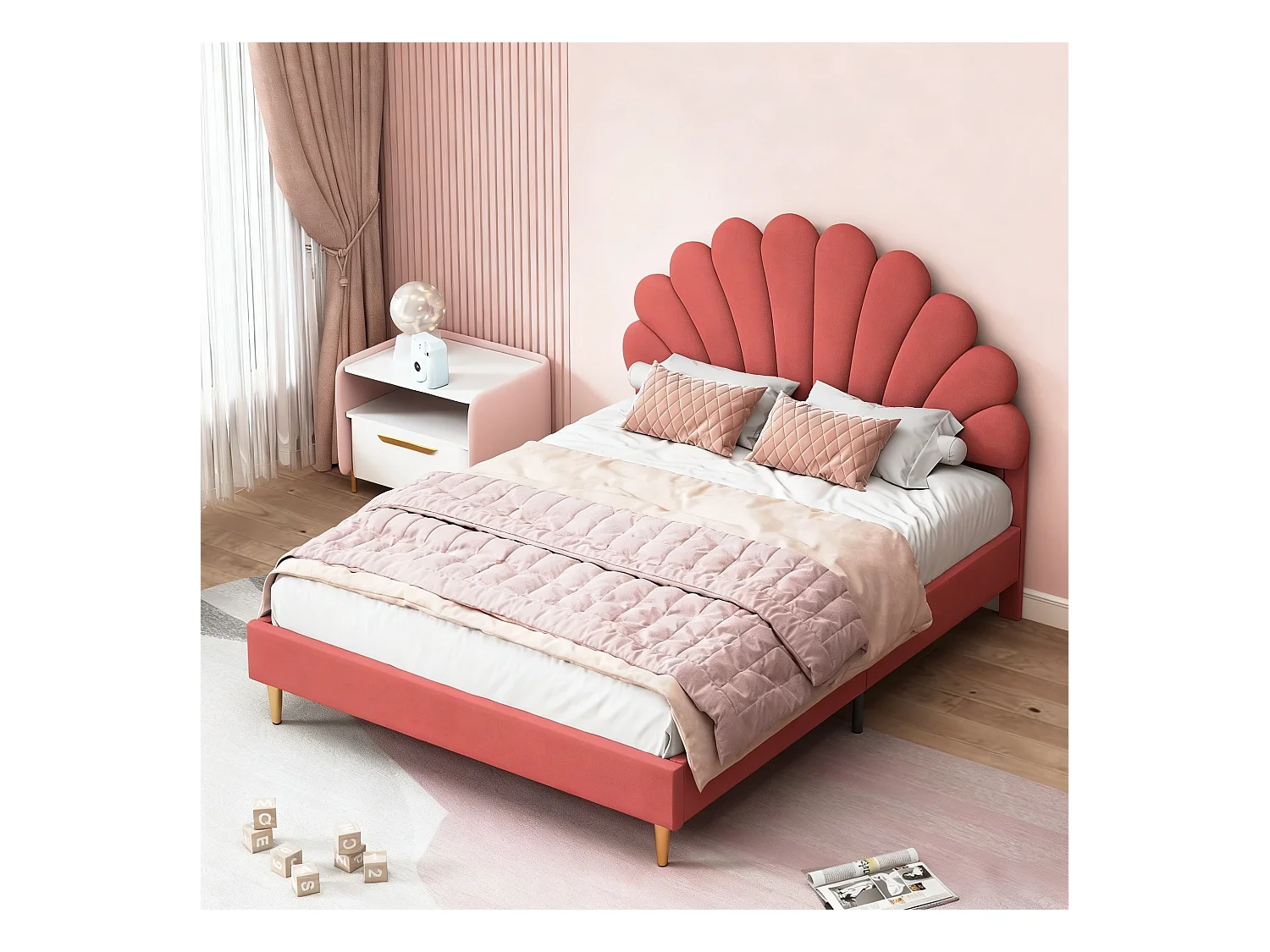 Lit 140x200 cm avec sommier à lattes - lit enfant 140x200 cm - lit pétale 140x200 cm - lit double 140 x 200 cm - tissu en velours - rouge