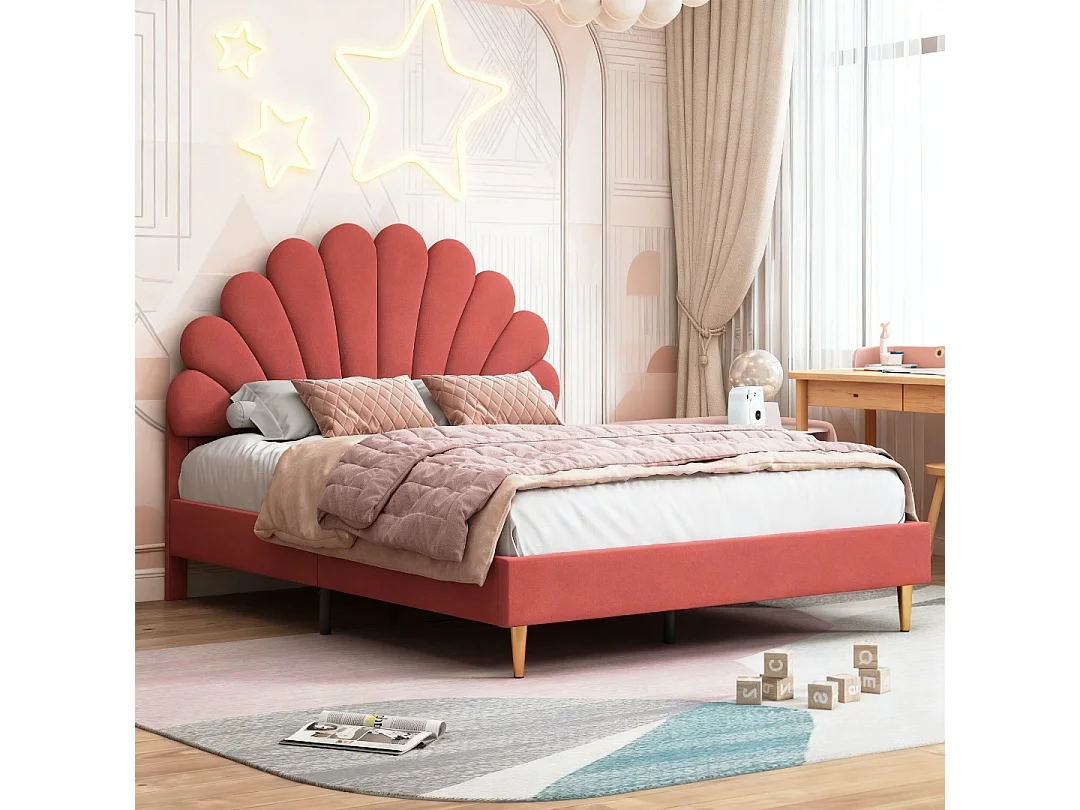 Lit 140x200 cm avec sommier à lattes - lit enfant 140x200 cm - lit pétale 140x200 cm - lit double 140 x 200 cm - tissu en velours - rouge