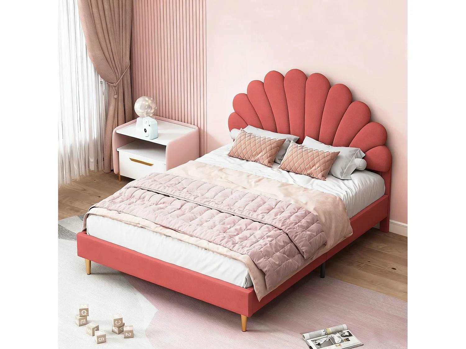 Lit 140x200 cm avec sommier à lattes - lit enfant 140x200 cm - lit pétale 140x200 cm - lit double 140 x 200 cm - tissu en velours - rouge