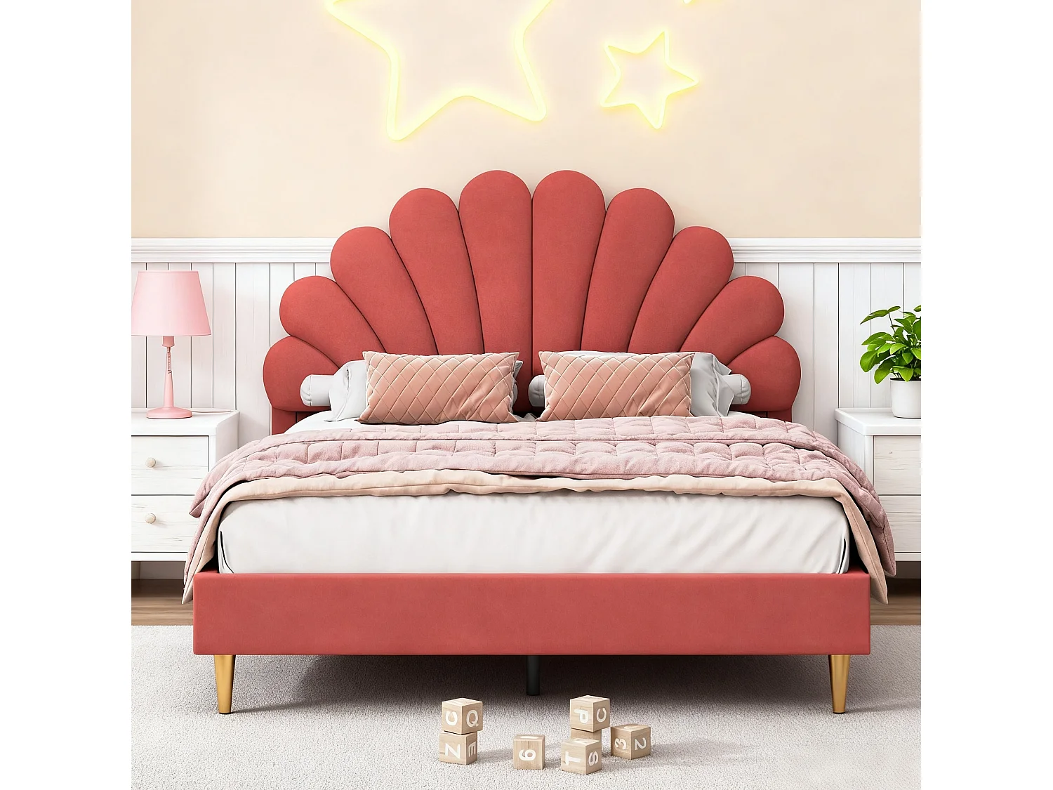 Lit coquillage lit 140 x 200 cm avec sommier à lattes, tête de lit réglable, lit double rembourré 140x200 cm tuiss en velours, rouge