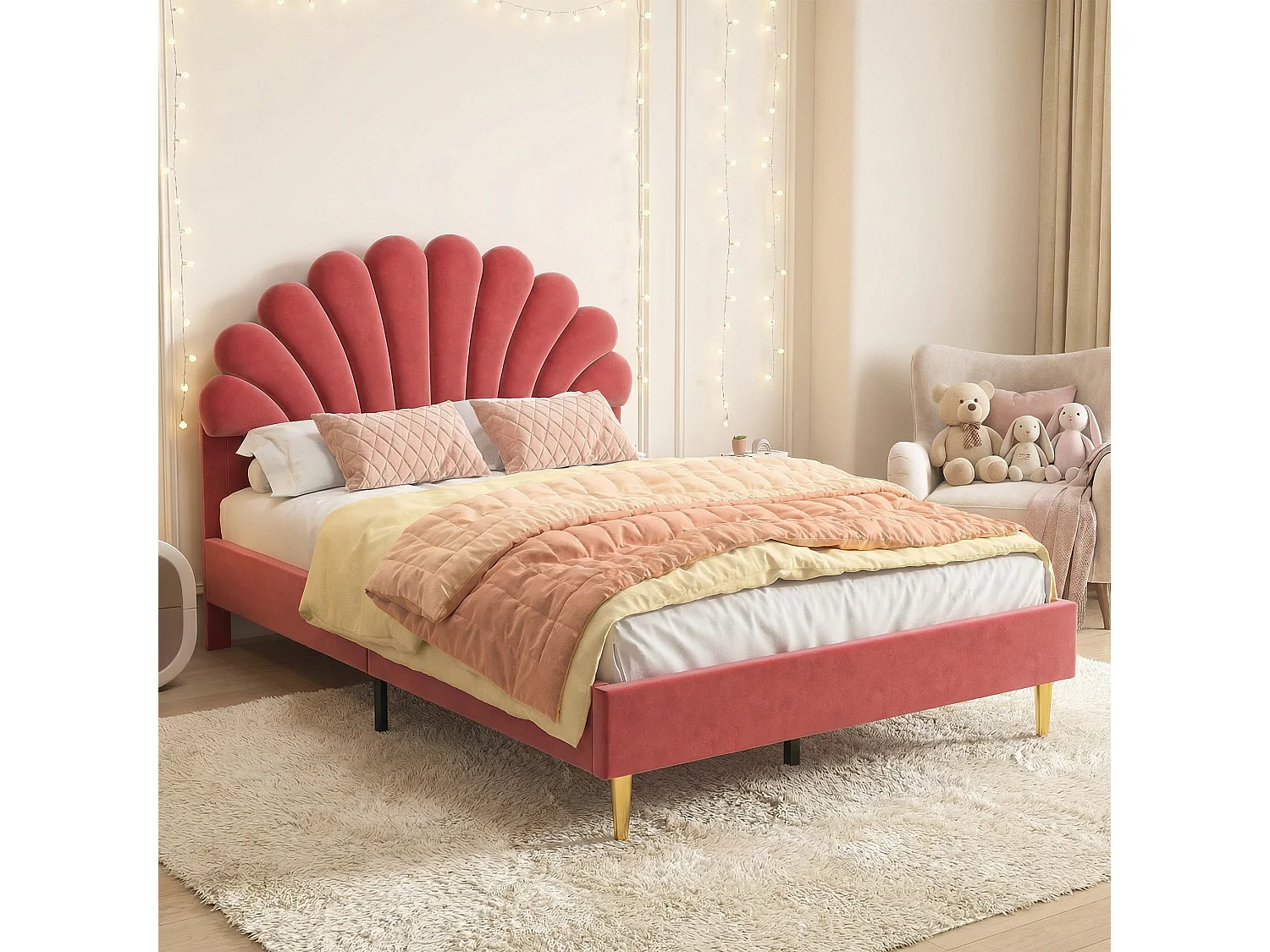 Bed 140x200 cm met lattenbodem - Kinderbed 140x200 cm - Bloembed 140x200 cm - Tweepersoonsbed 140 x 200 cm - Stof fluweel - Rood
