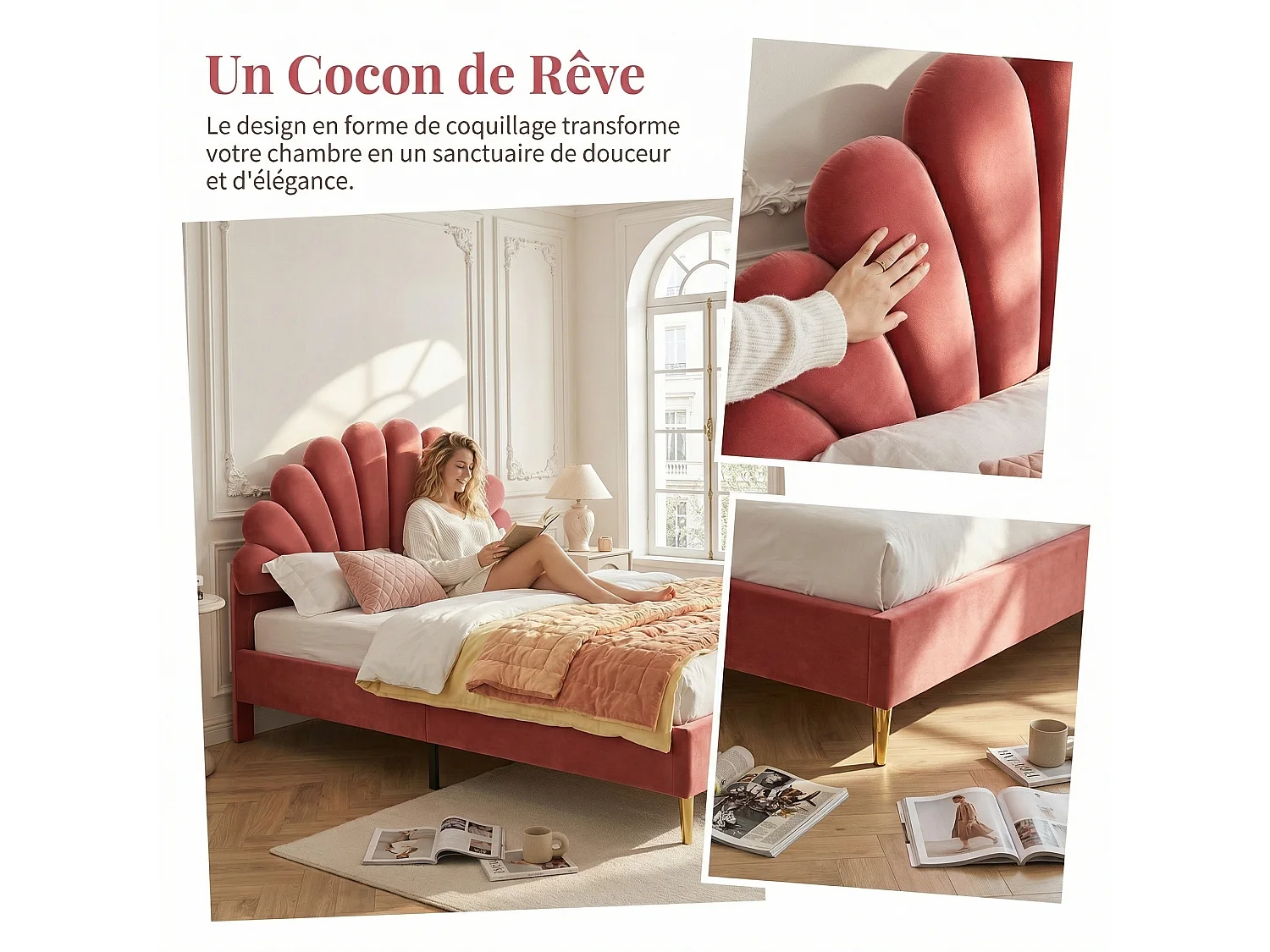 Bed 140x200 cm met lattenbodem - Kinderbed 140x200 cm - Bloembed 140x200 cm - Tweepersoonsbed 140 x 200 cm - Stof fluweel - Rood