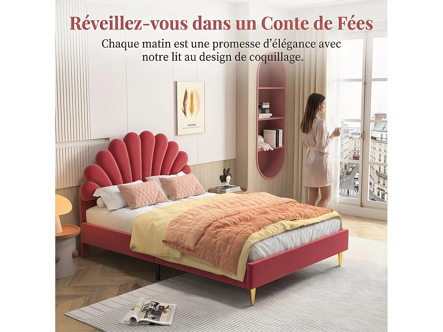 Bed 140x200 cm met lattenbodem - Kinderbed 140x200 cm - Bloembed 140x200 cm - Tweepersoonsbed 140 x 200 cm - Stof fluweel - Rood