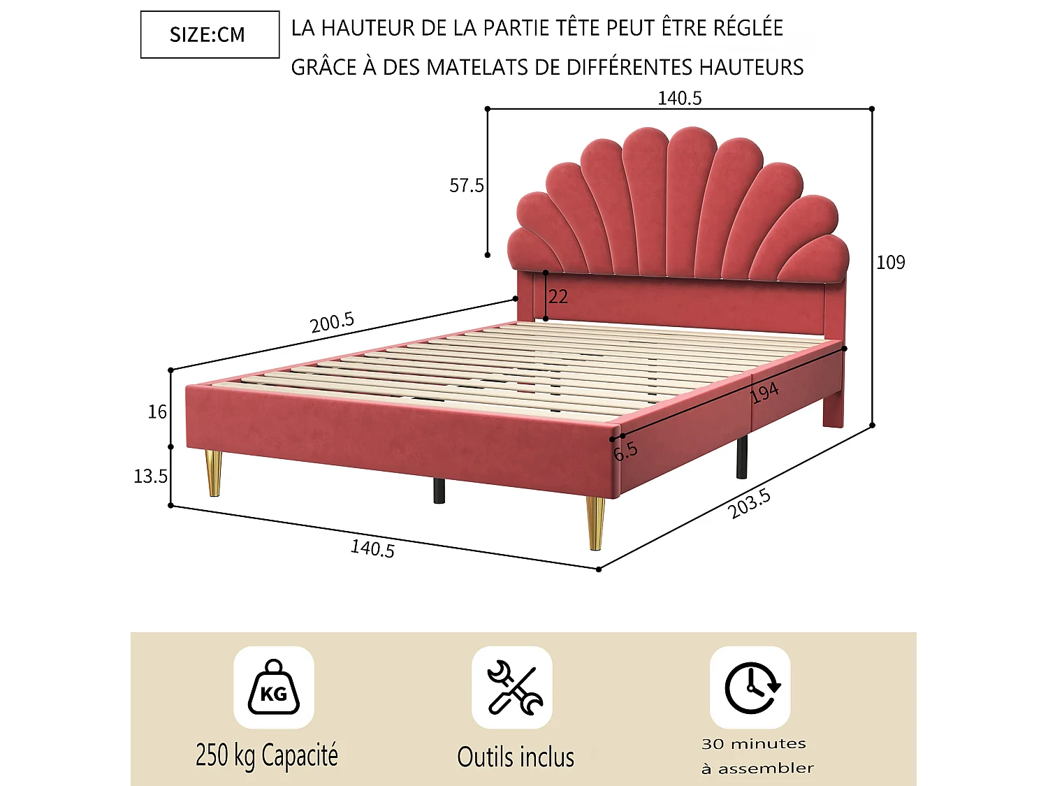 Bed 140x200 cm met lattenbodem - Kinderbed 140x200 cm - Bloembed 140x200 cm - Tweepersoonsbed 140 x 200 cm - Stof fluweel - Rood