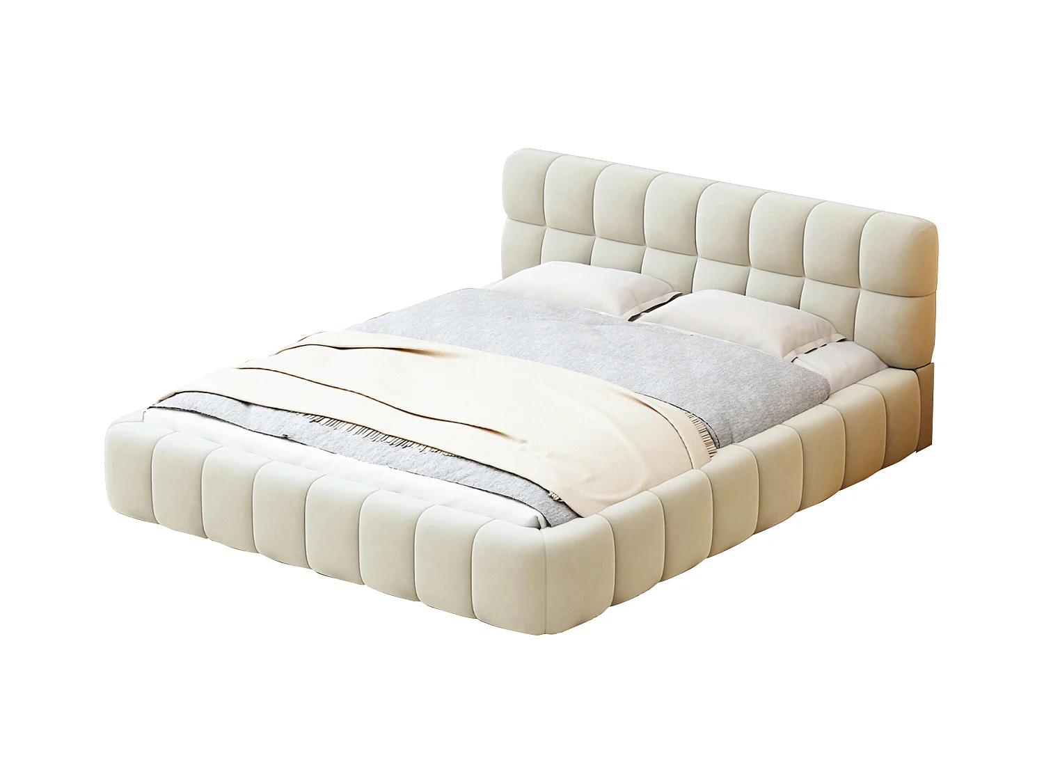 Lit adulte 140x190 cm avec sommier à lattes - NEXU - Style crémeux - lit capitonné en tissu lin 140x190 cm - cadre de lit 140x190 cm - beige