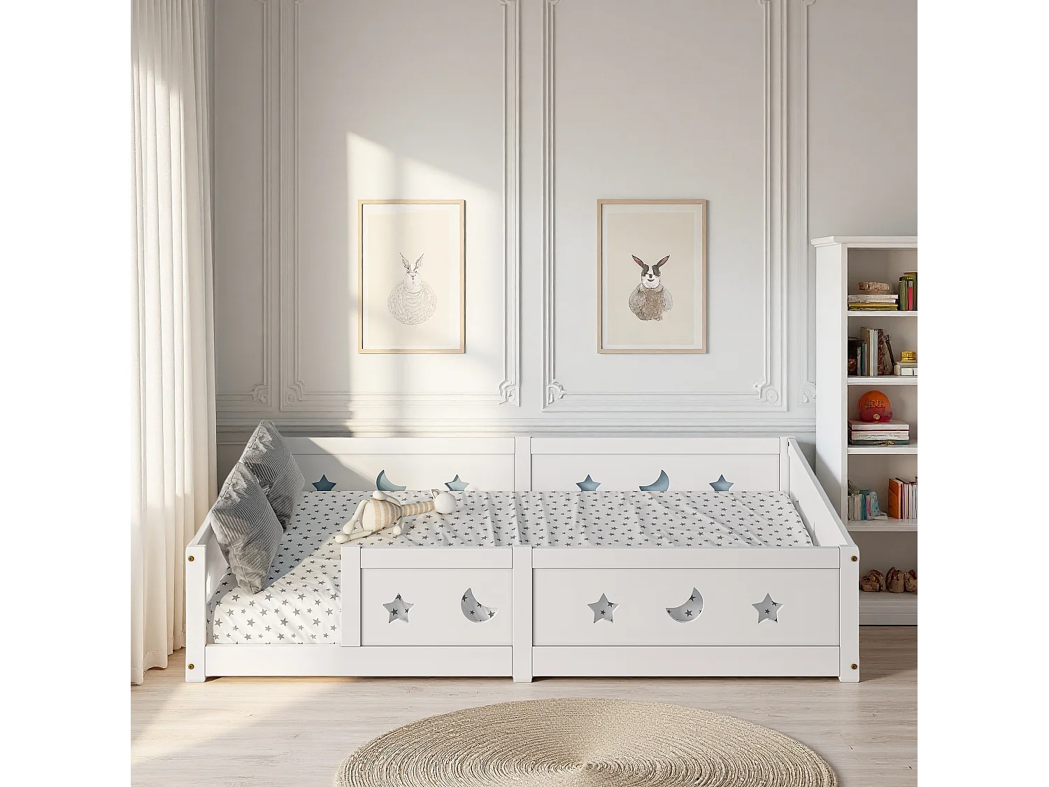 Lit bébé 140 x 200 cm - Lit au sol enfant en bois pin 140 x 200 cm - étoile lune Cadre de lit avec clôture et porte - blanc