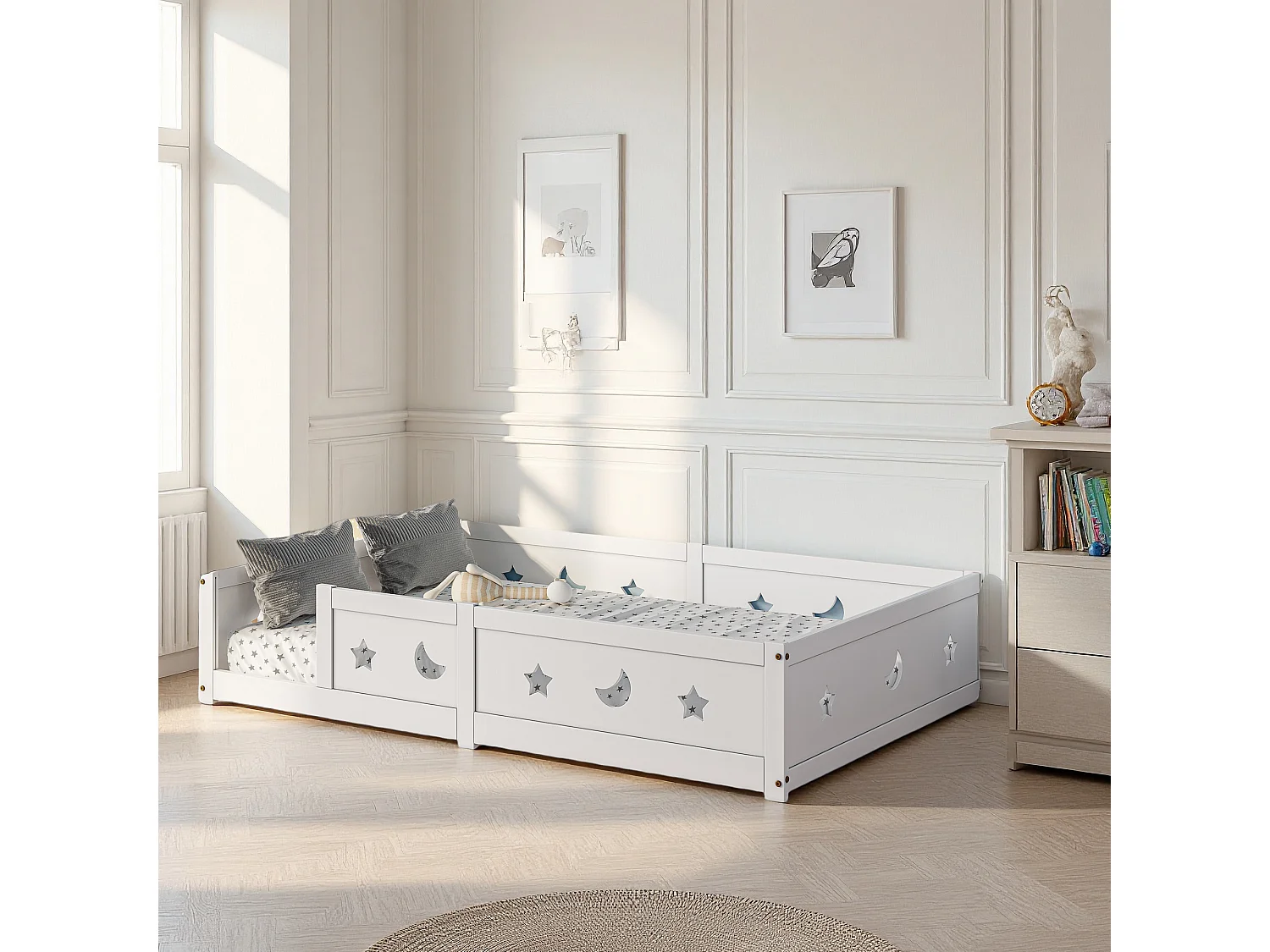 Lit bébé 140 x 200 cm - Lit au sol enfant en bois pin 140 x 200 cm - étoile lune Cadre de lit avec clôture et porte - blanc