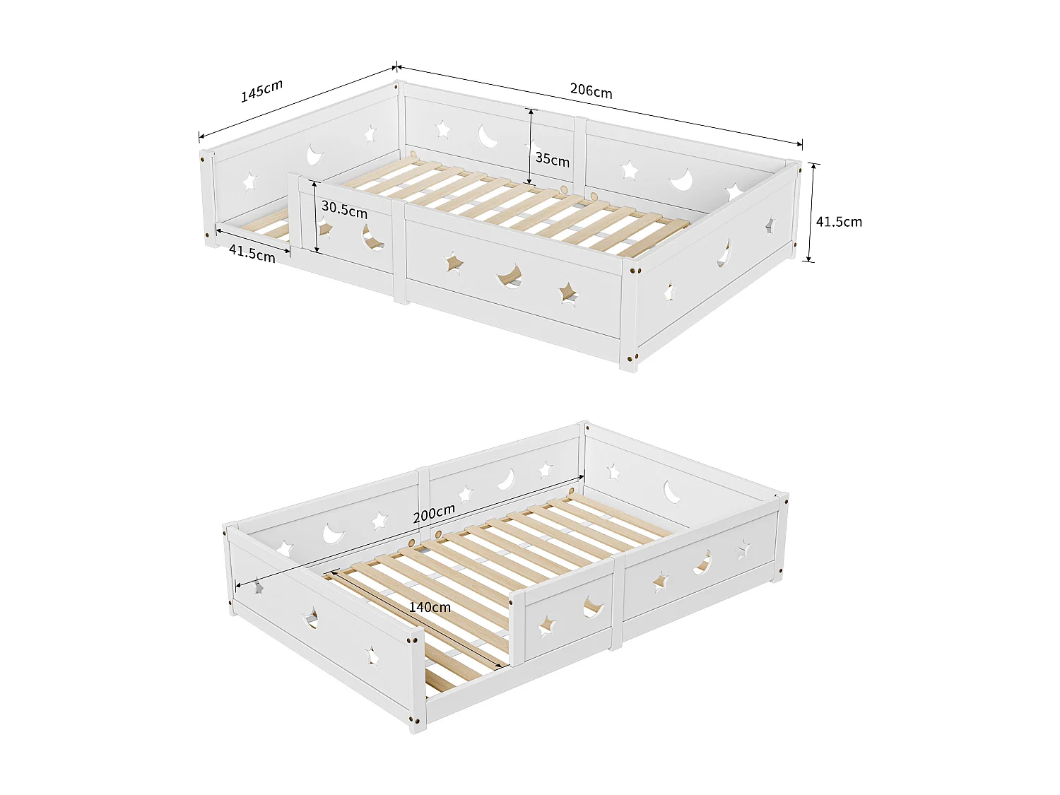 Lit bébé 140 x 200 cm - Lit au sol enfant en bois pin 140 x 200 cm - étoile lune Cadre de lit avec clôture et porte - blanc