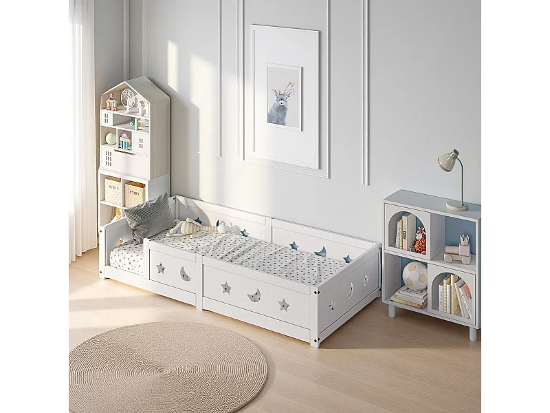 Lit bébé 140 x 200 cm - Lit au sol enfant en bois pin 140 x 200 cm - étoile lune Cadre de lit avec clôture et porte - blanc