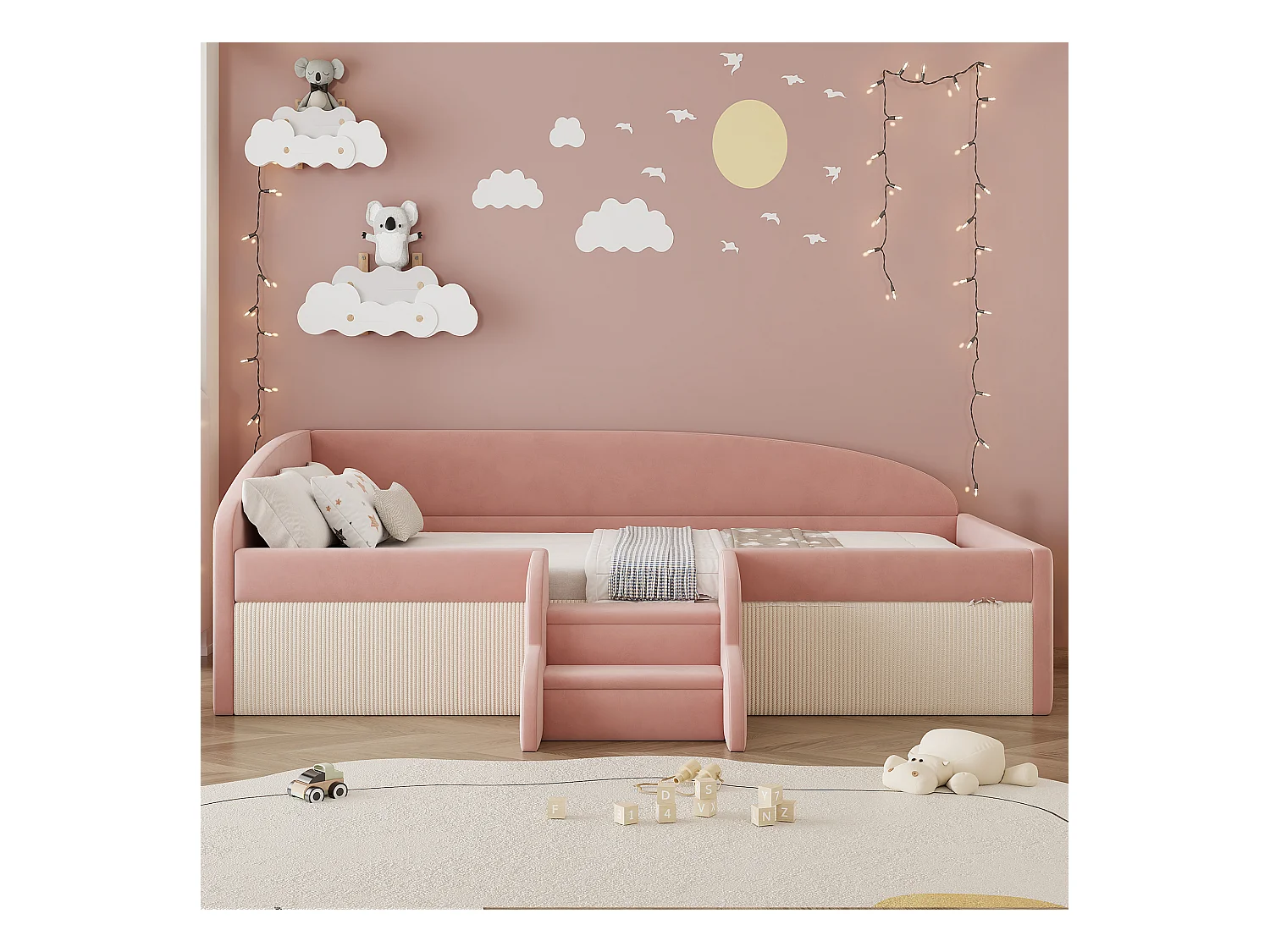 Sofa tapicerowana z funkcją spania - 90 x 190 cm - ze schodkami i barierkami - welur - bez materaca - róż + kremowa biel