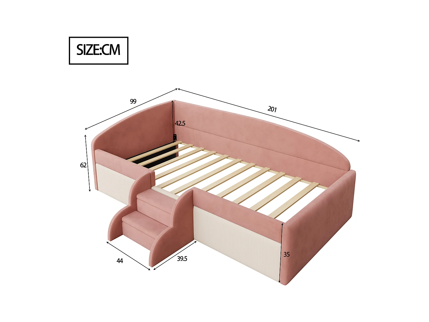 Sofa tapicerowana z funkcją spania - 90 x 190 cm - ze schodkami i barierkami - welur - bez materaca - róż + kremowa biel