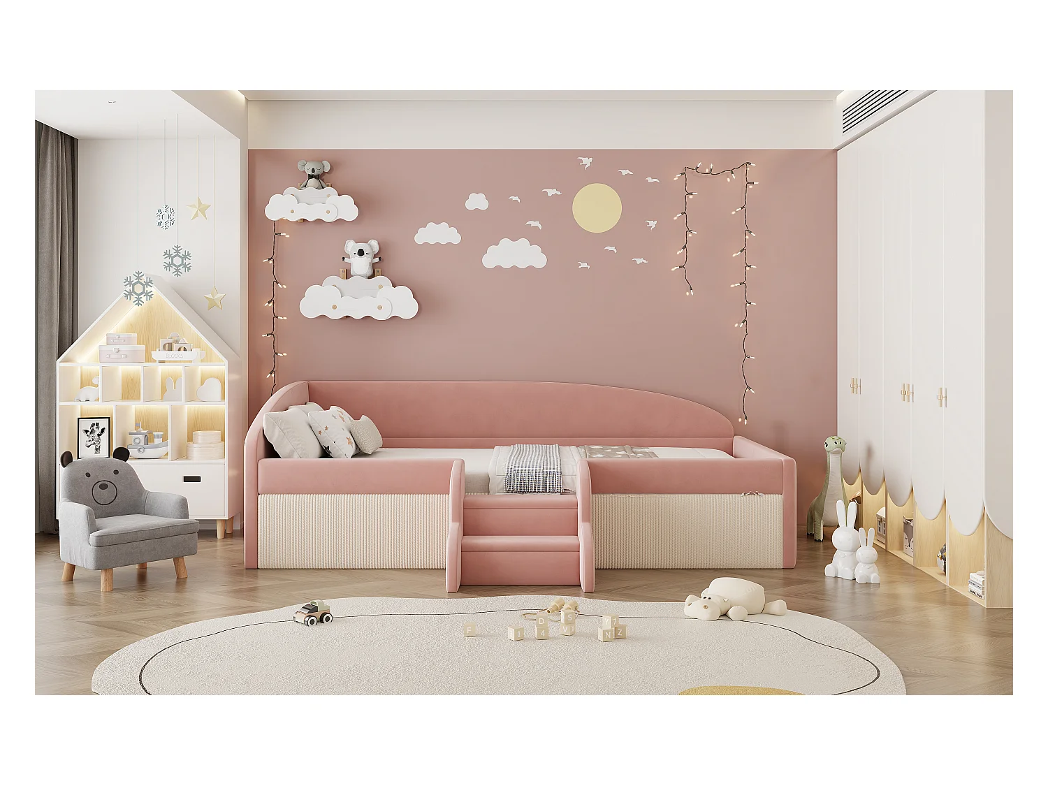 Sofa tapicerowana z funkcją spania - 90 x 190 cm - ze schodkami i barierkami - welur - bez materaca - róż + kremowa biel