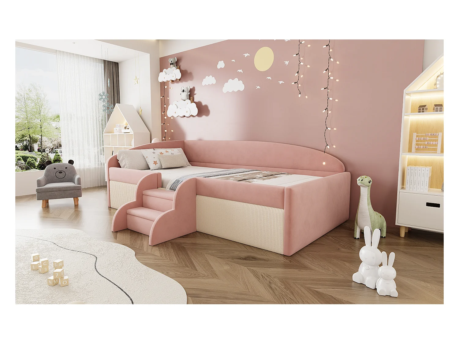 Sofa tapicerowana z funkcją spania - 90 x 190 cm - ze schodkami i barierkami - welur - bez materaca - róż + kremowa biel