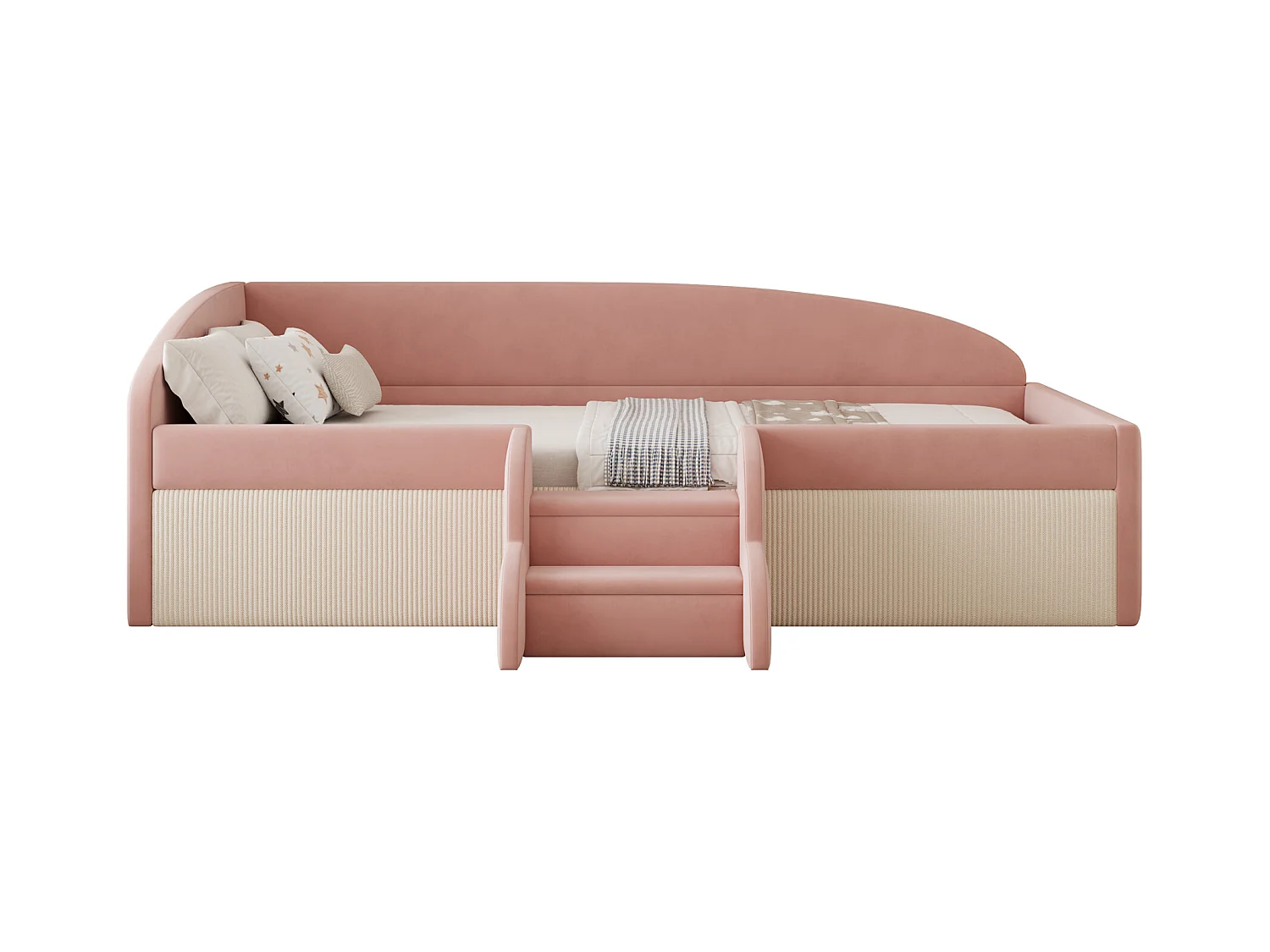 Sofa tapicerowana z funkcją spania - 90 x 190 cm - ze schodkami i barierkami - welur - bez materaca - róż + kremowa biel