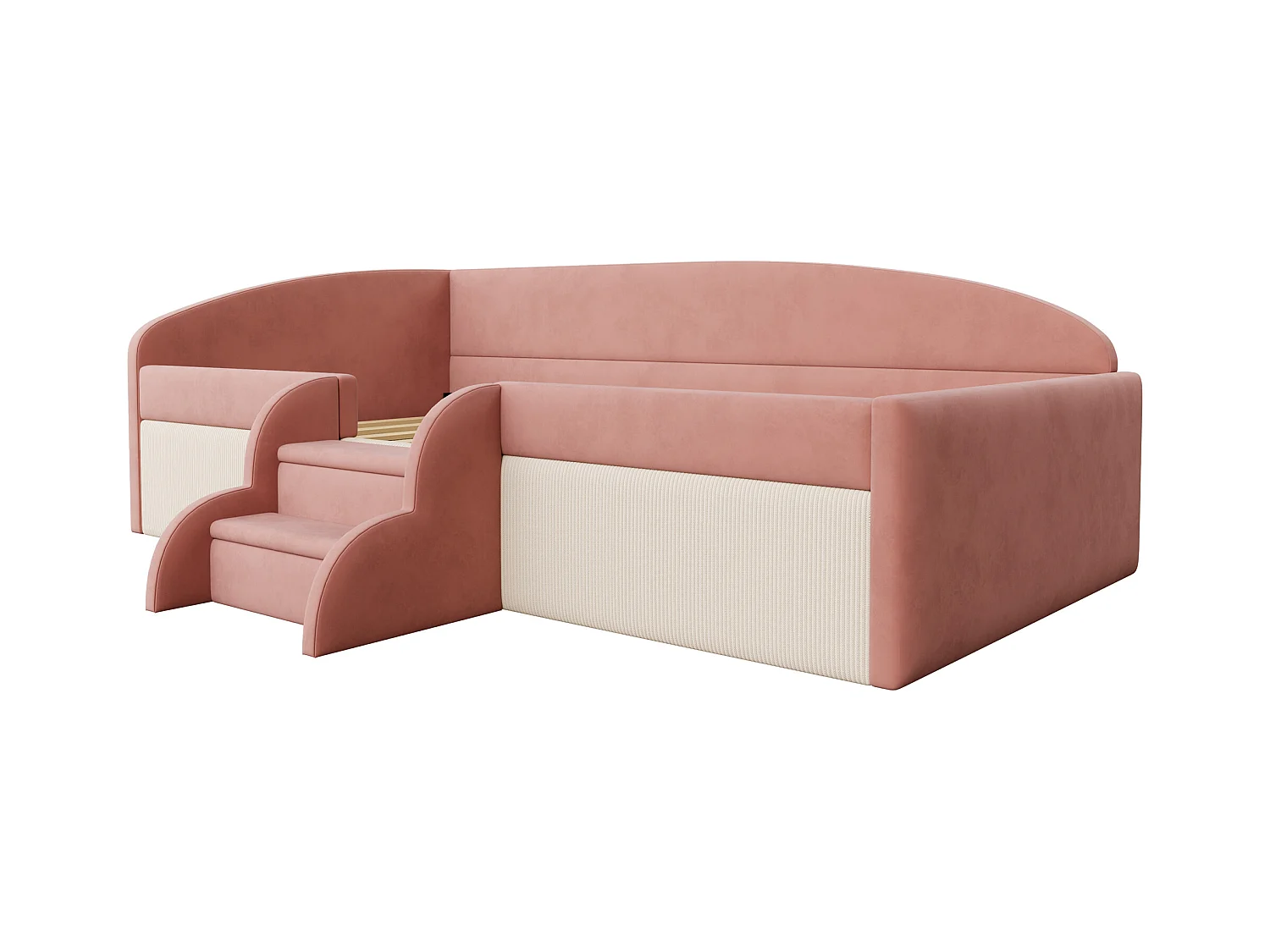 Sofa tapicerowana z funkcją spania - 90 x 190 cm - ze schodkami i barierkami - welur - bez materaca - róż + kremowa biel