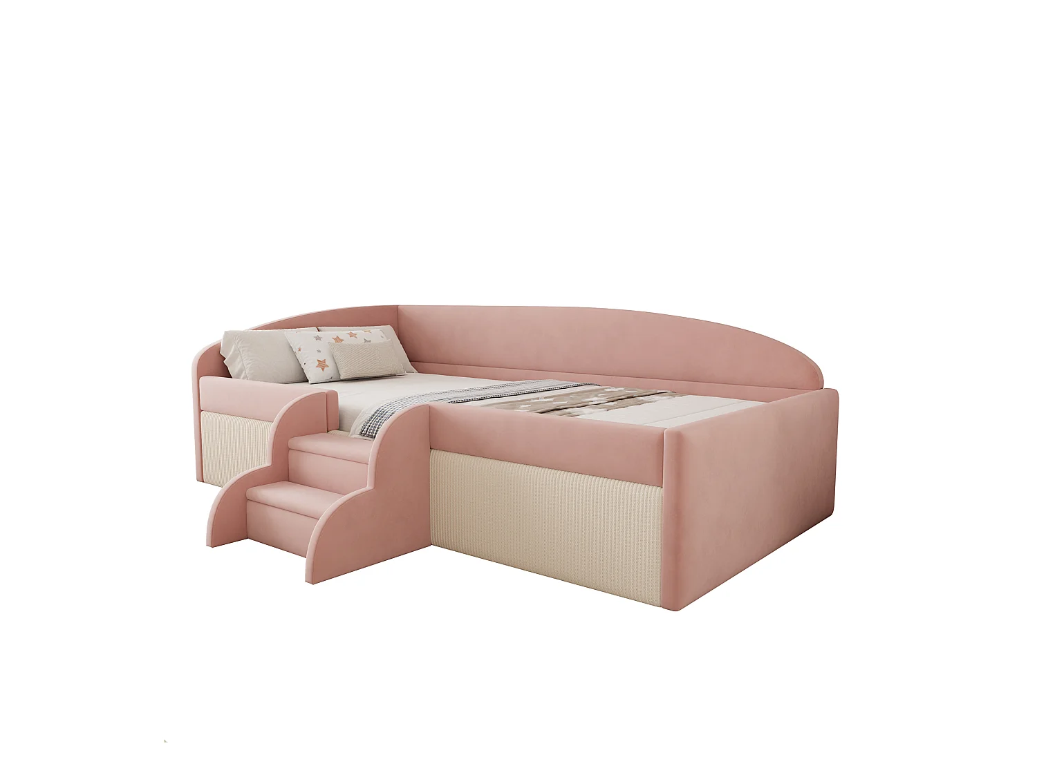 Sofa tapicerowana z funkcją spania - 90 x 190 cm - ze schodkami i barierkami - welur - bez materaca - róż + kremowa biel