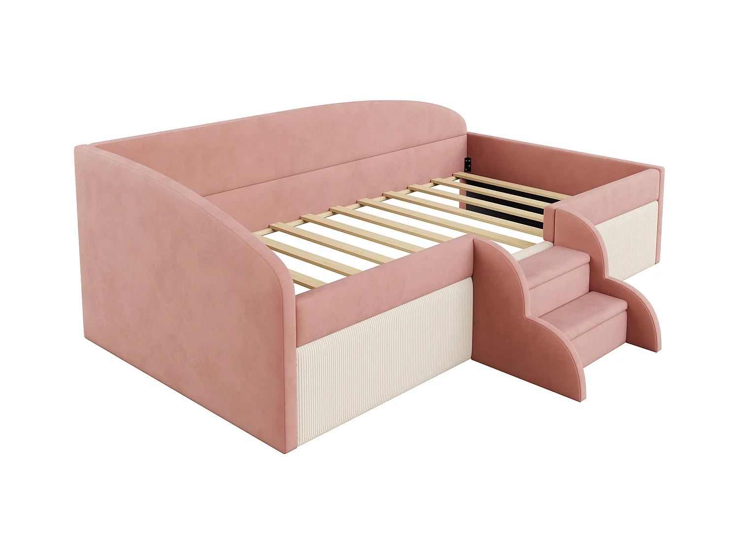 Sofa tapicerowana z funkcją spania - 90 x 190 cm - ze schodkami i barierkami - welur - bez materaca - róż + kremowa biel