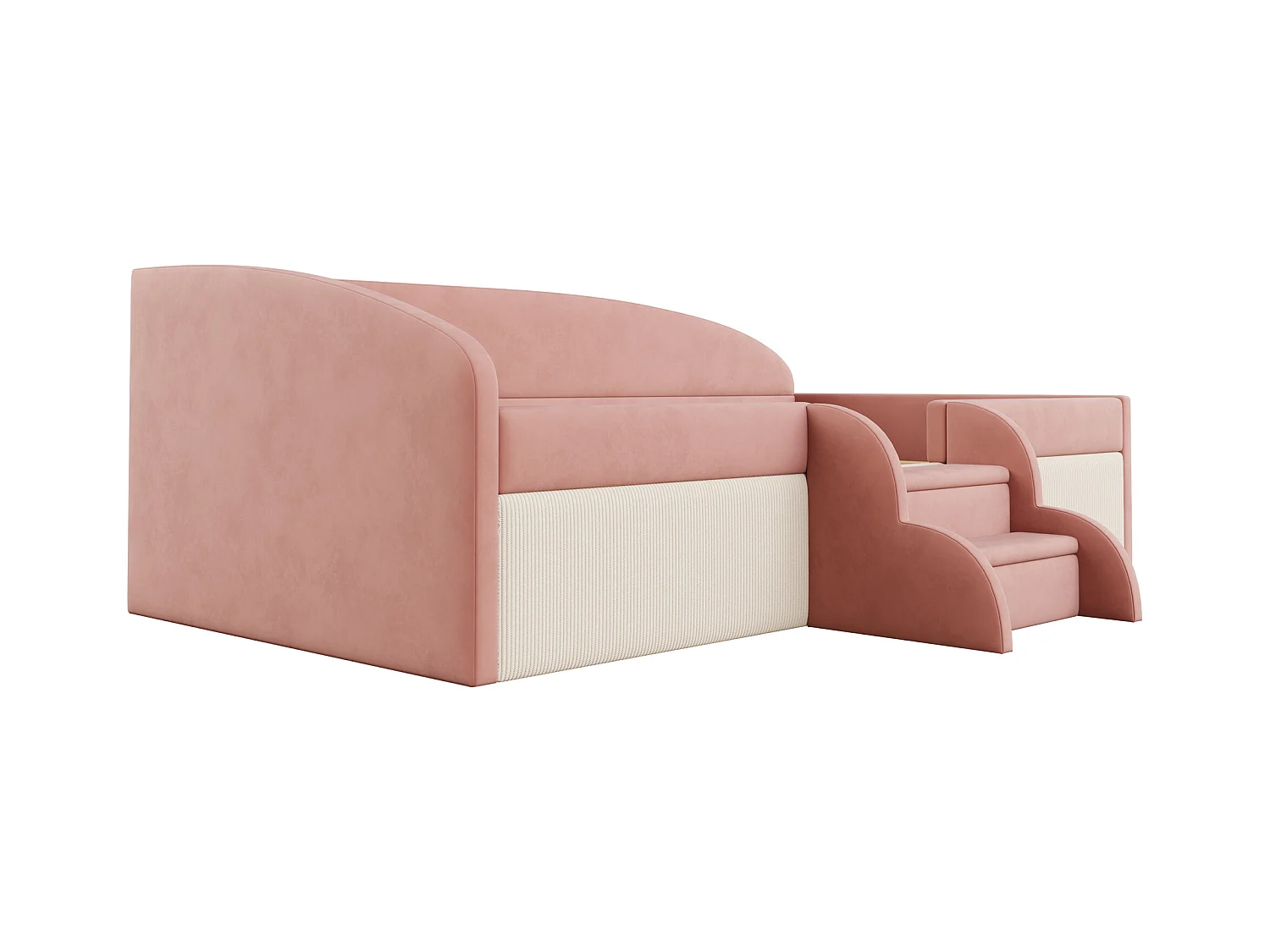 Sofa tapicerowana z funkcją spania - 90 x 190 cm - ze schodkami i barierkami - welur - bez materaca - róż + kremowa biel