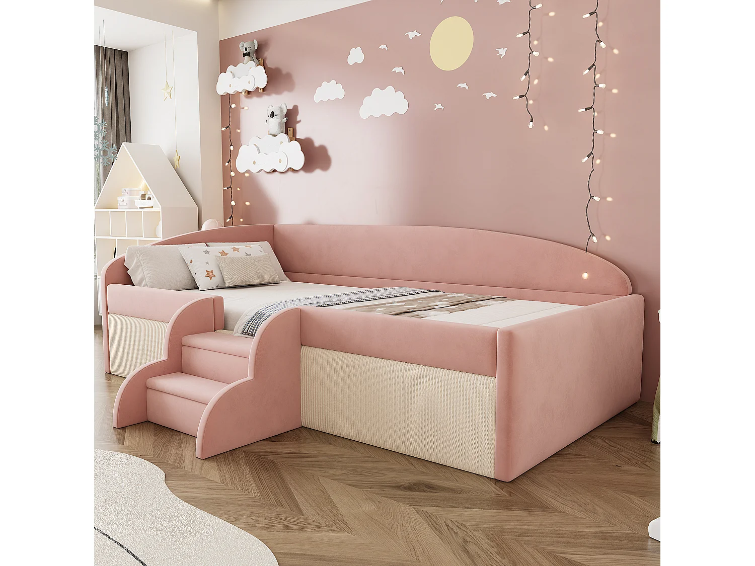 Polsterschlafsofa - 90 x 190 cm - mit Stufen und Schienen - Samt - ohne Matratze - rosa + cremeweiß