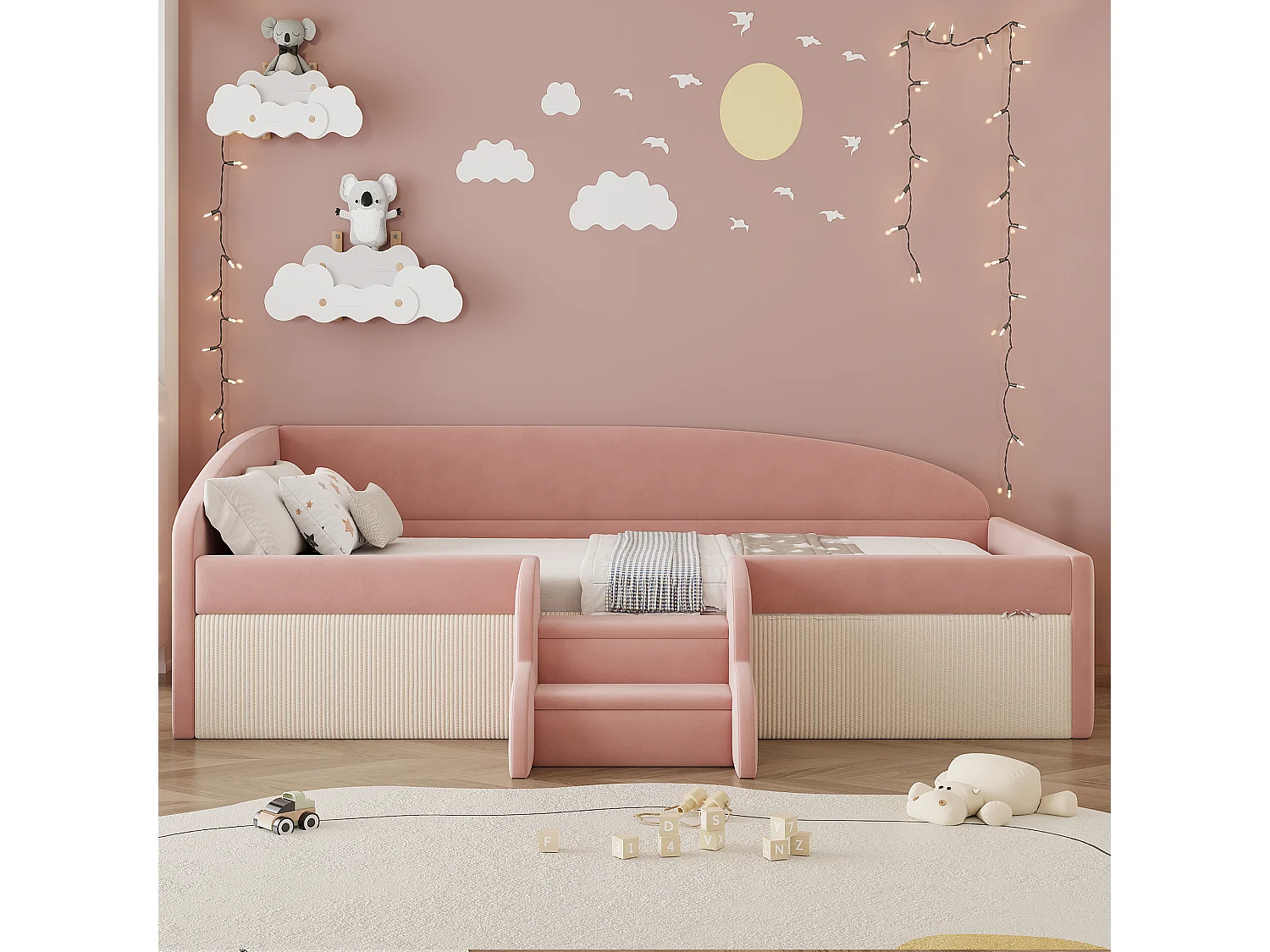 Polsterschlafsofa - 90 x 190 cm - mit Stufen und Schienen - Samt - ohne Matratze - rosa + cremeweiß