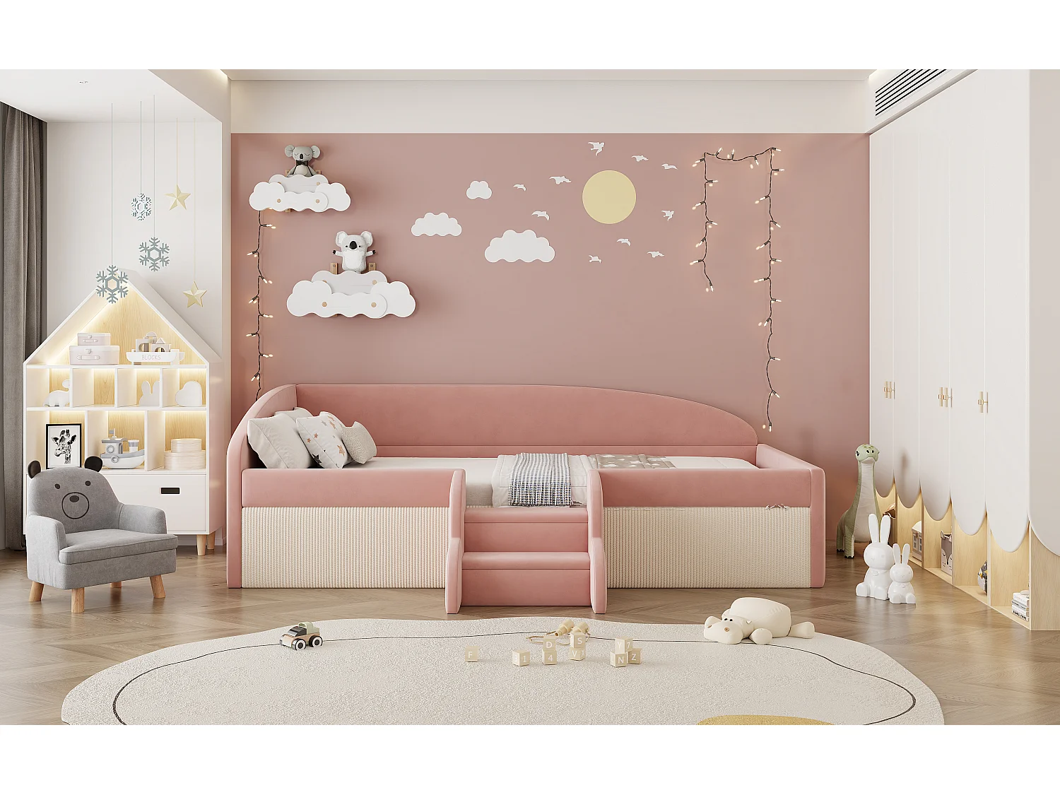 Polsterschlafsofa - 90 x 190 cm - mit Stufen und Schienen - Samt - ohne Matratze - rosa + cremeweiß