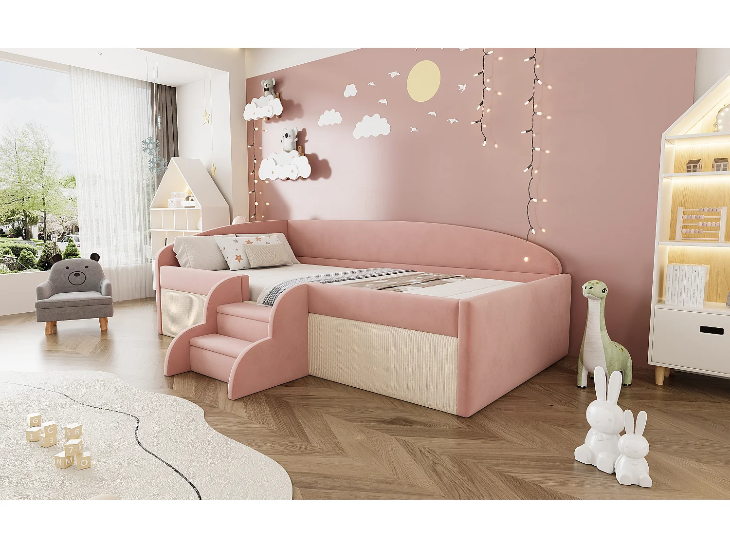 Polsterschlafsofa - 90 x 190 cm - mit Stufen und Schienen - Samt - ohne Matratze - rosa + cremeweiß