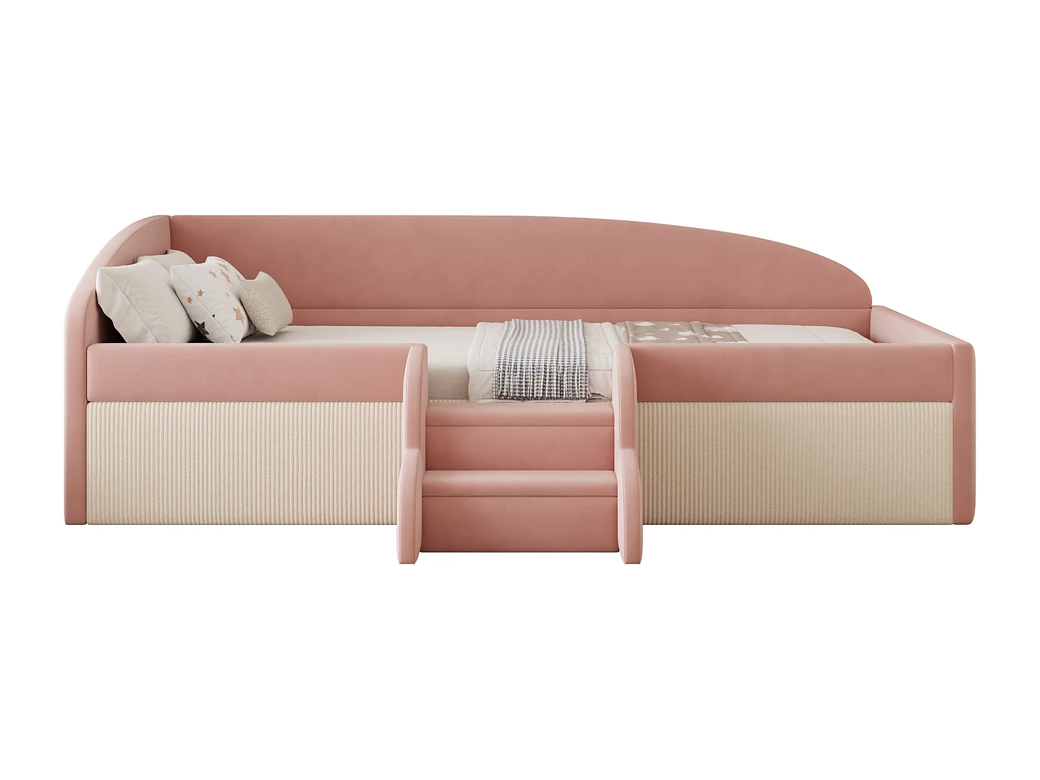 Polsterschlafsofa - 90 x 190 cm - mit Stufen und Schienen - Samt - ohne Matratze - rosa + cremeweiß