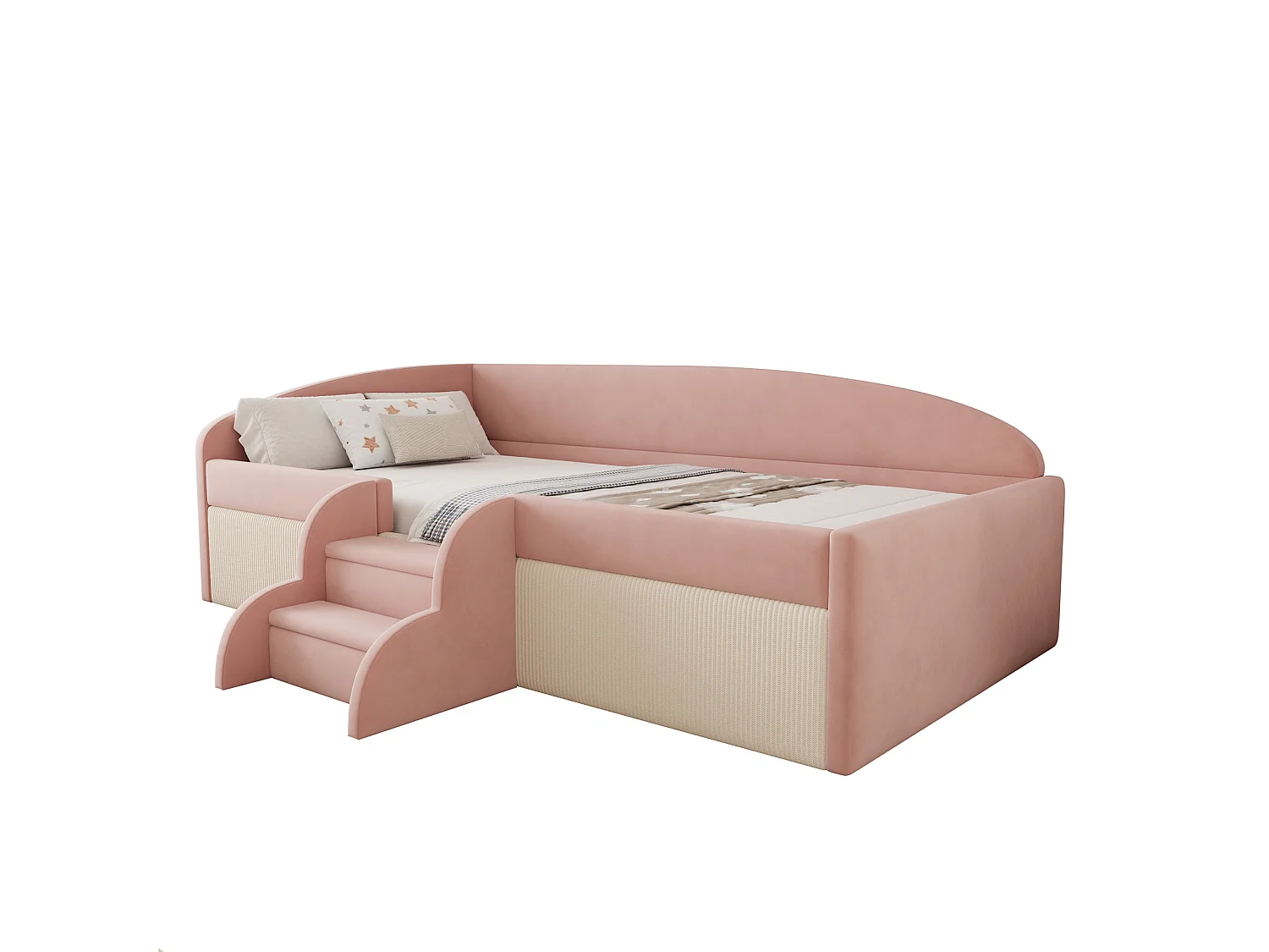 Polsterschlafsofa - 90 x 190 cm - mit Stufen und Schienen - Samt - ohne Matratze - rosa + cremeweiß