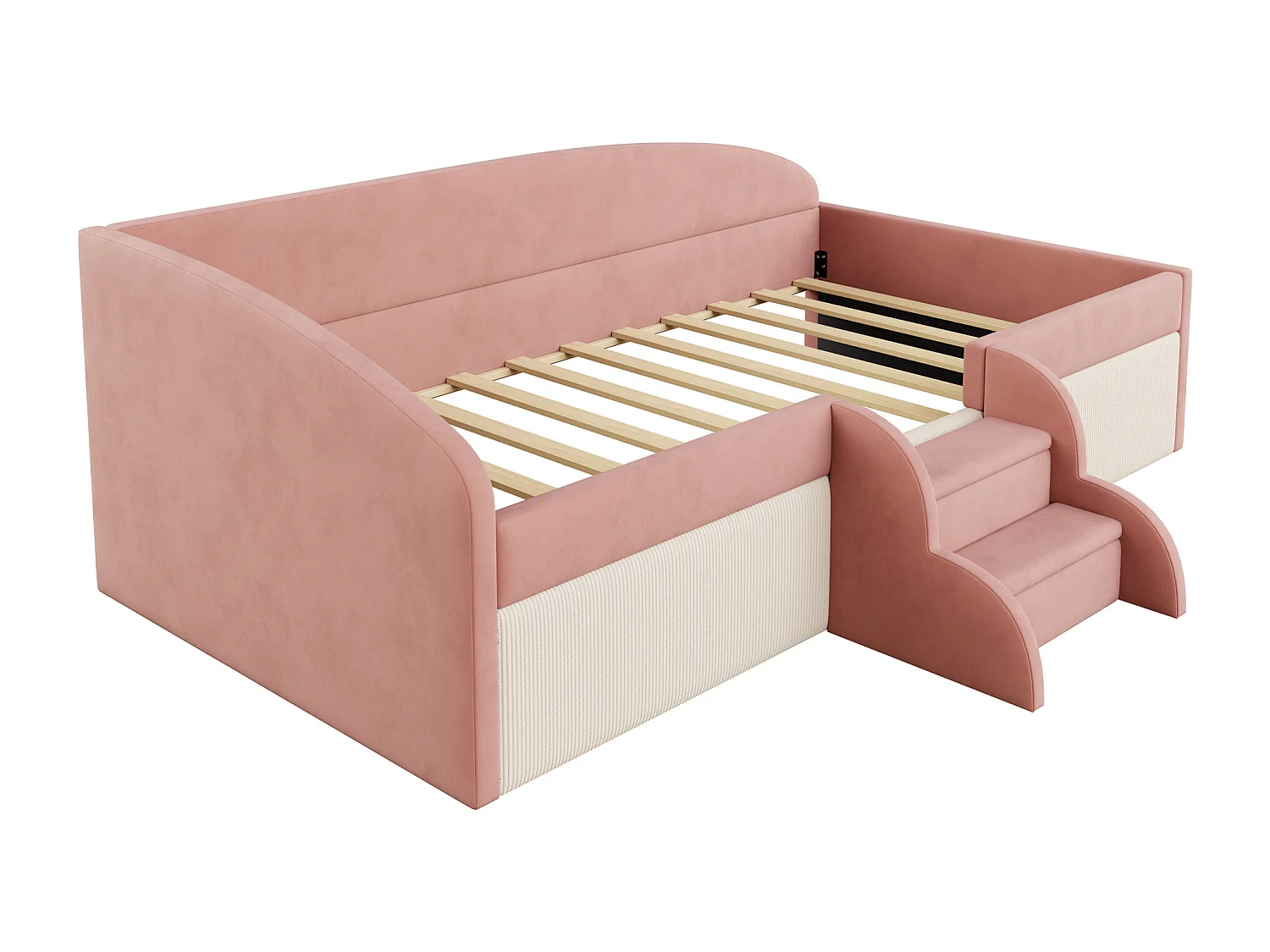 Polsterschlafsofa - 90 x 190 cm - mit Stufen und Schienen - Samt - ohne Matratze - rosa + cremeweiß