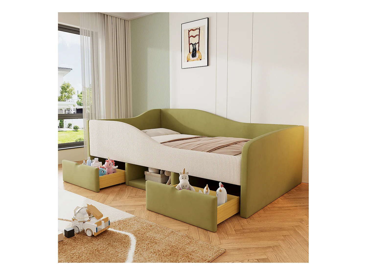 Sofa tapicerowana z funkcją spania - 90 x 190 cm - z 2 szufladami i drążkami - welur - zielony + kość słoniowa