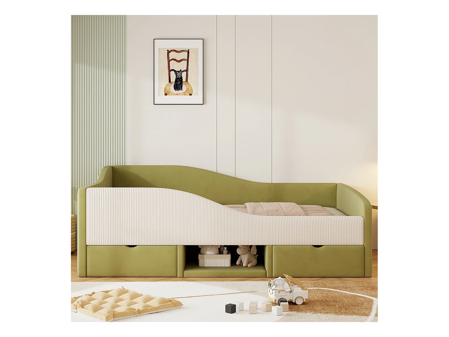 Sofa tapicerowana z funkcją spania - 90 x 190 cm - z 2 szufladami i drążkami - welur - zielony + kość słoniowa